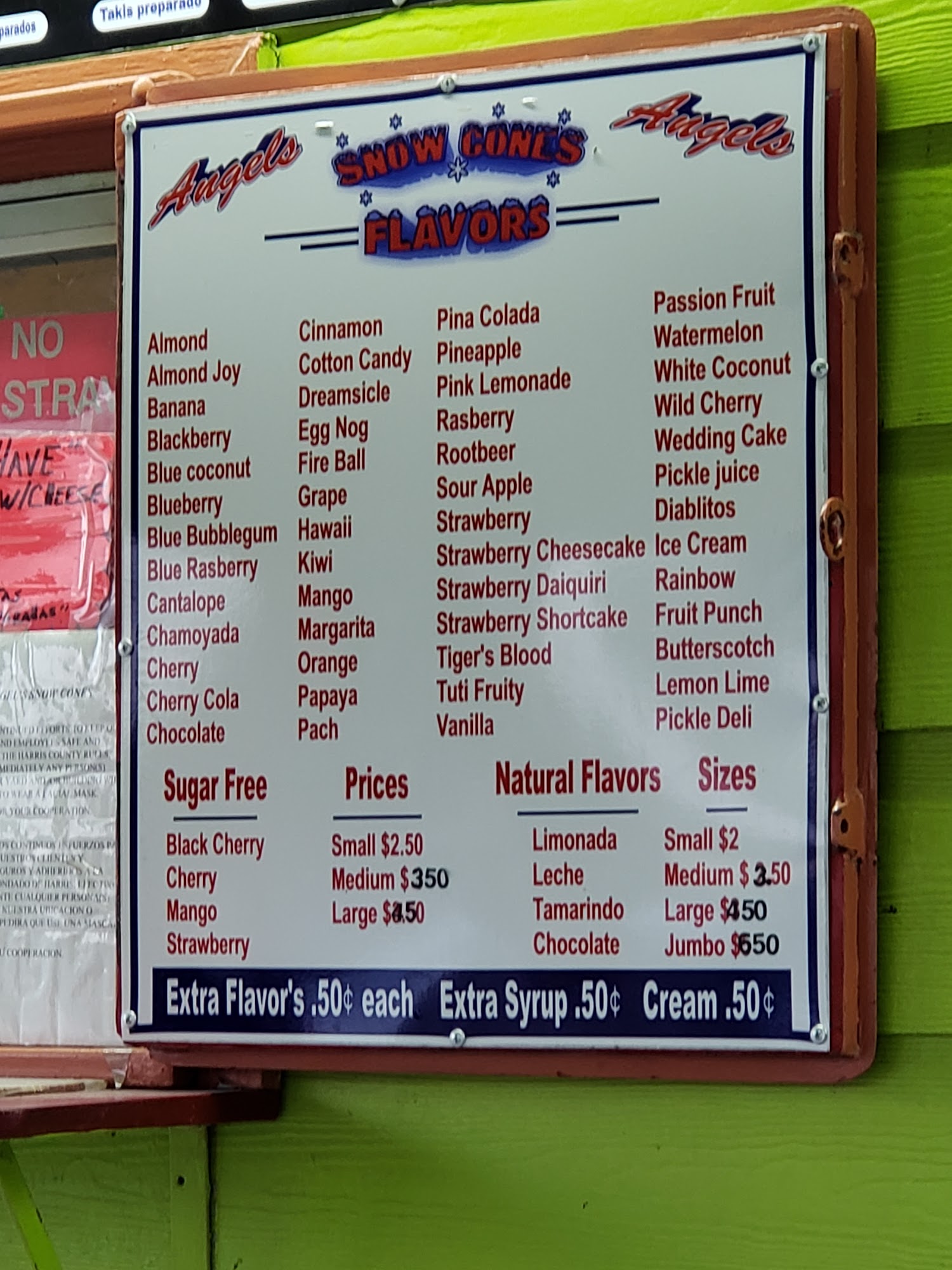 Angel's Snow Cones Menu