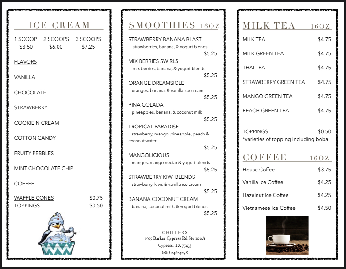 CHILLERS Menu