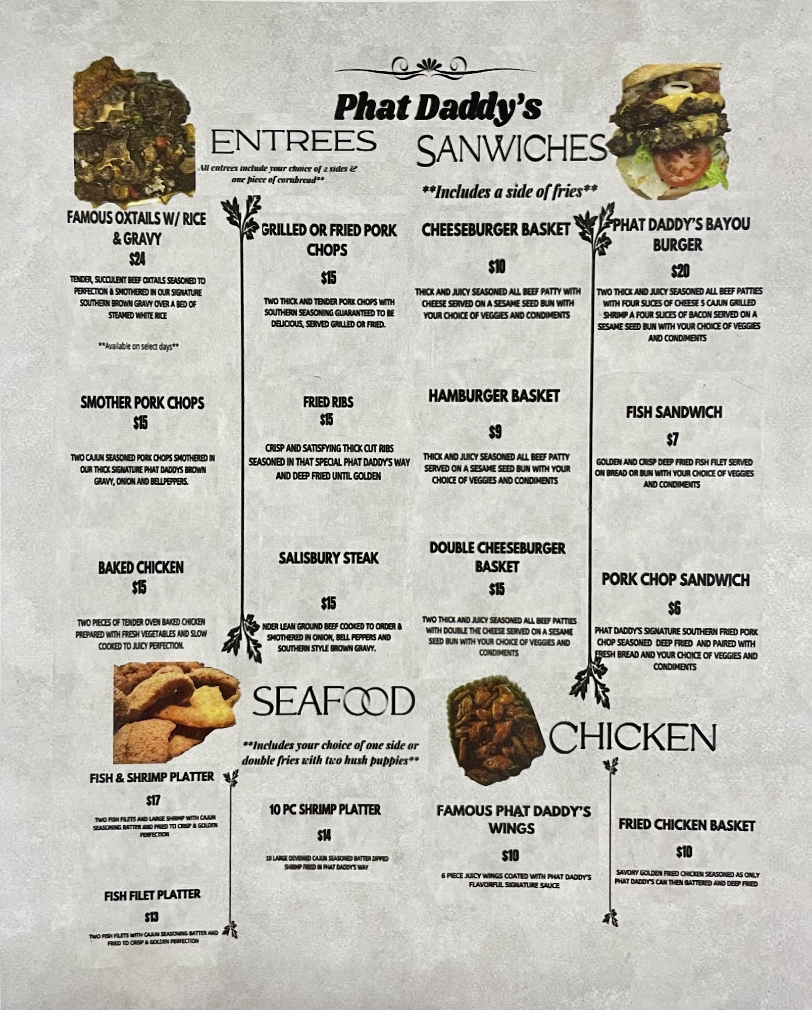 Phat daddys way Soulfood Restuarant Menu