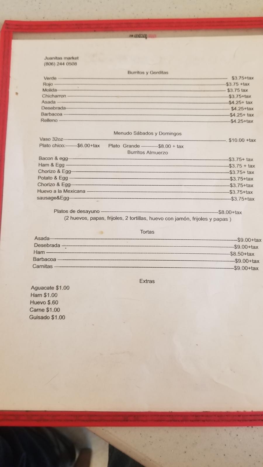 Carniceria El Torito Menu