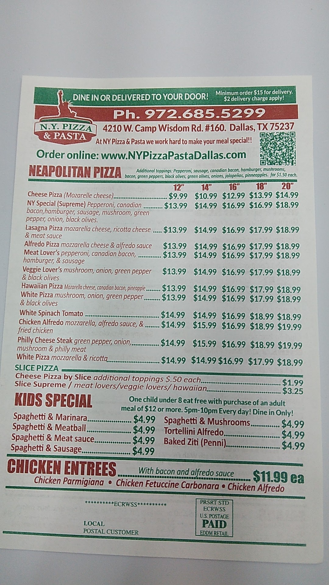 NY Pizza & Pasta Menu