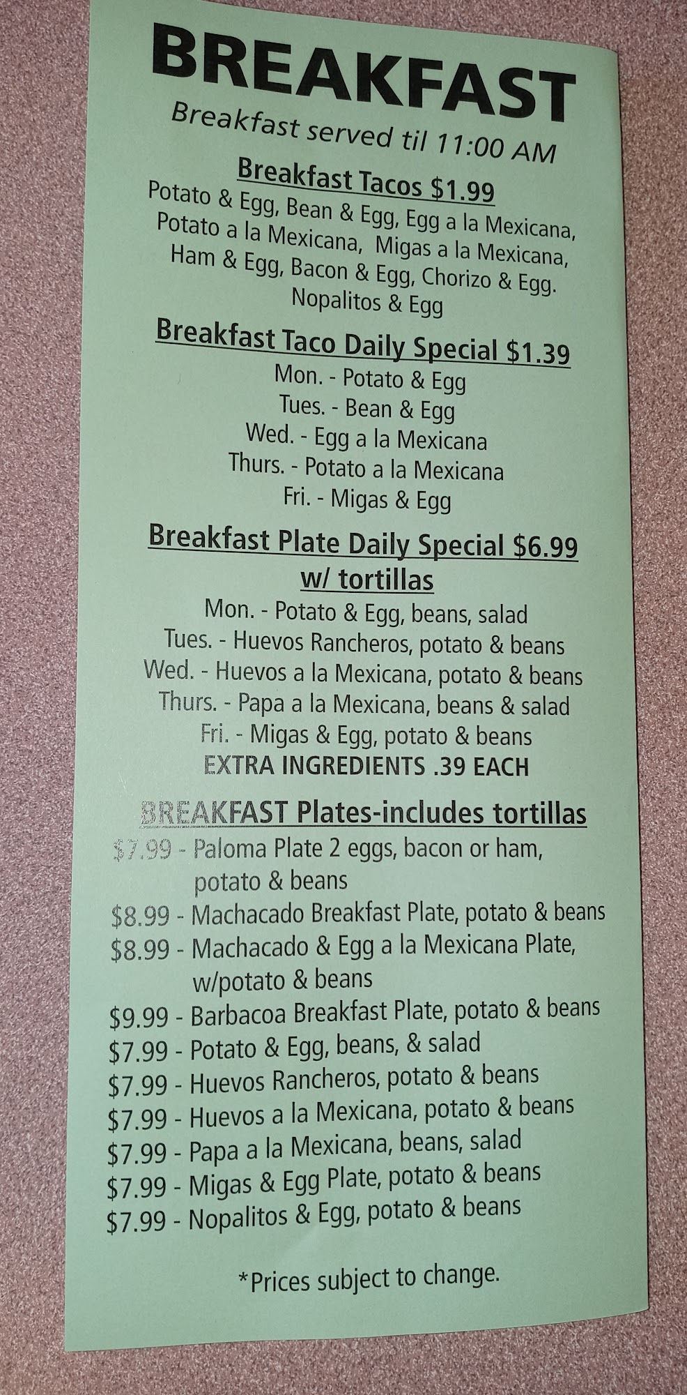 La Paloma Menu