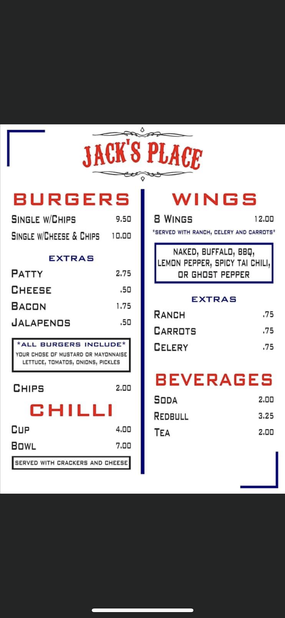 Chubby’s Sports Bar and Grill Menu