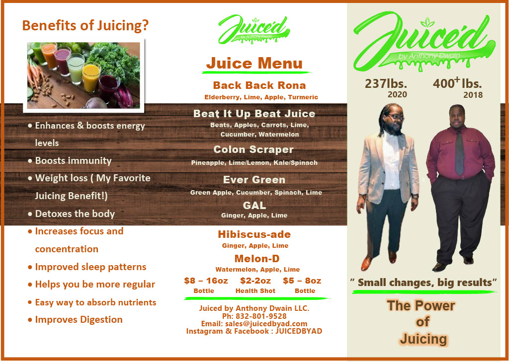 Juiced by Anthony Dwain LLC. Menu