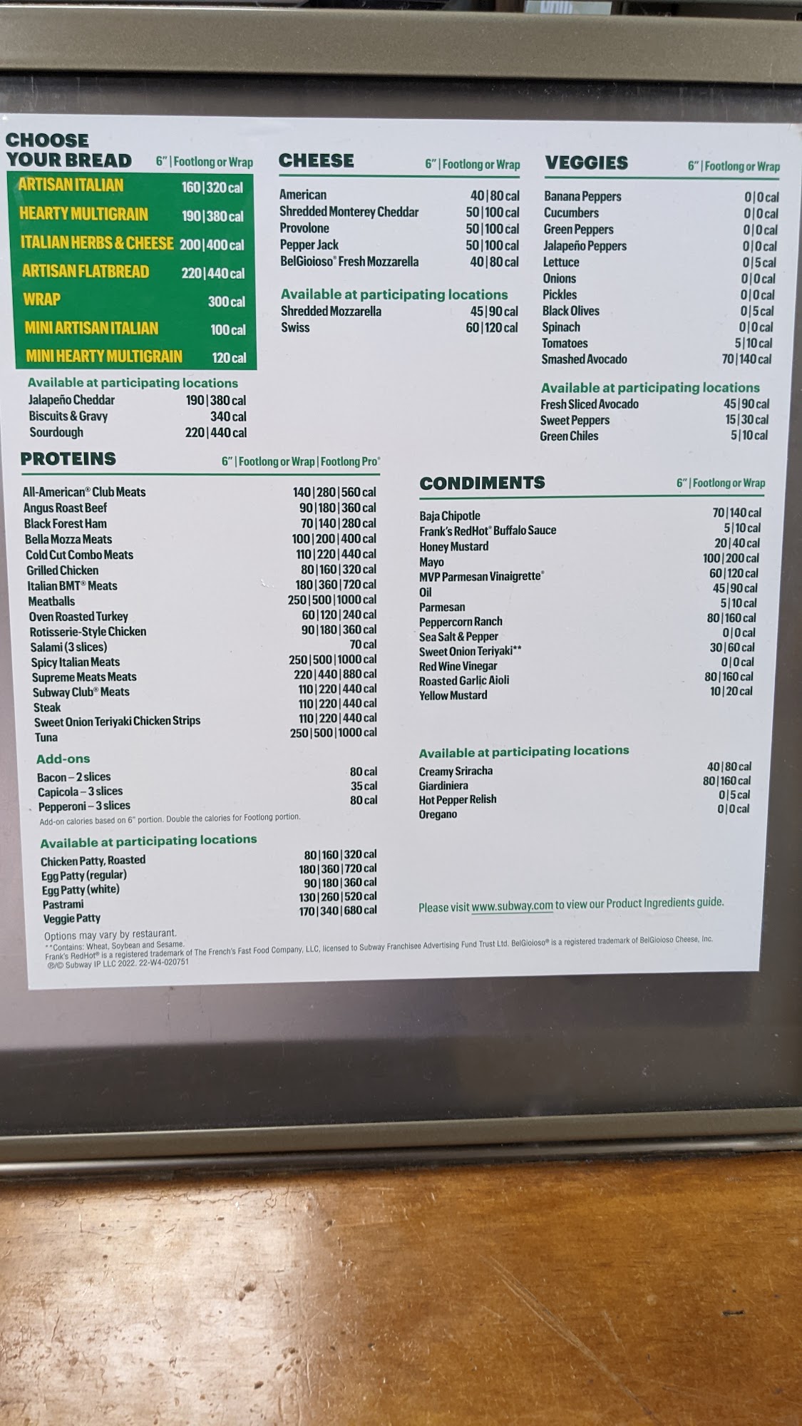 Subway Menu