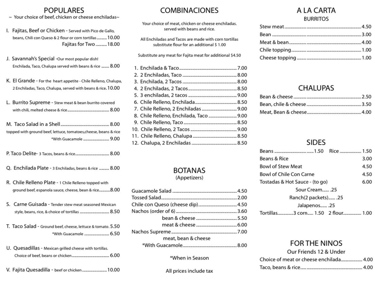 Savannah's Restaurant Littlefield texas Menu