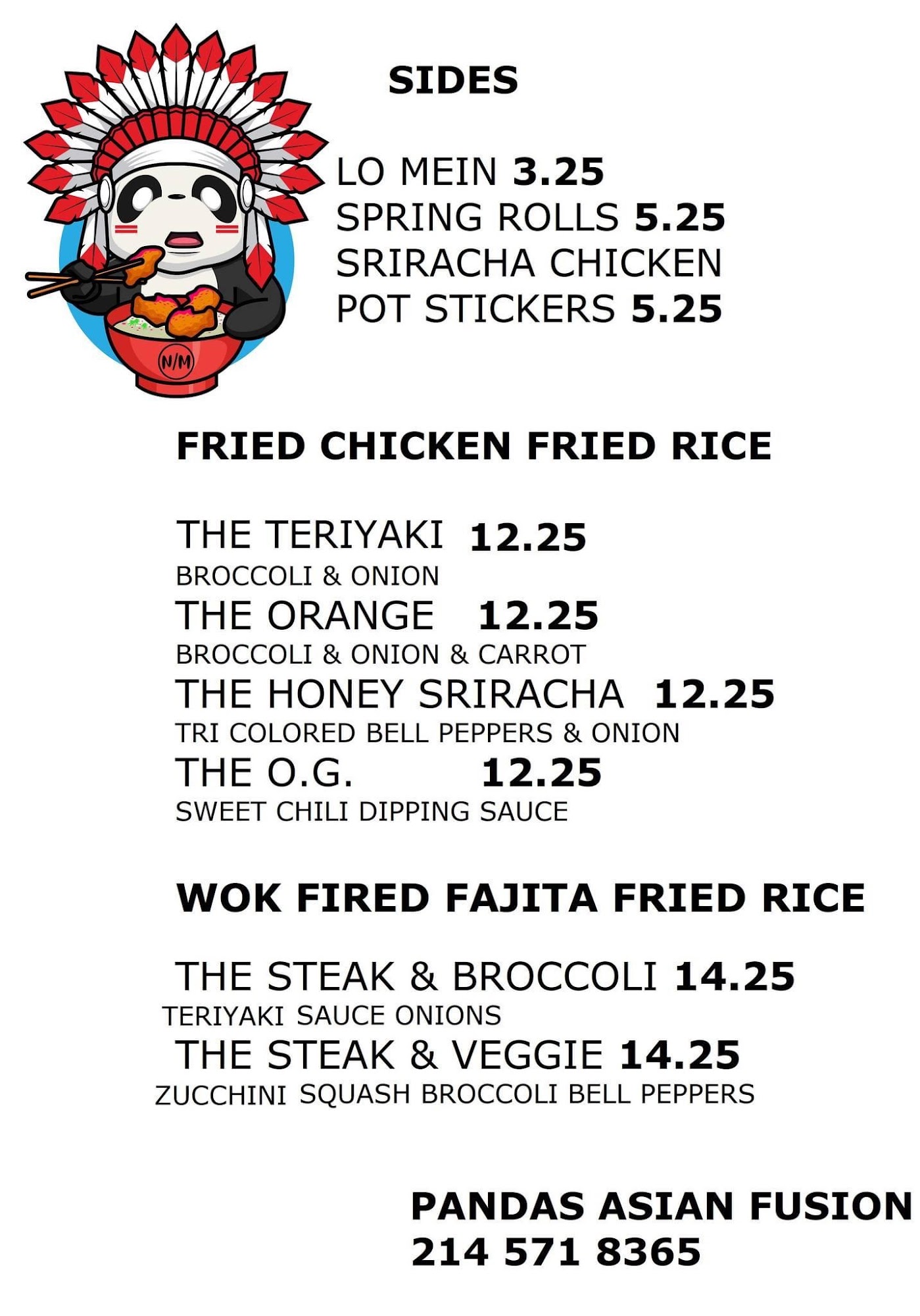 Pandas Asian Fusion Menu