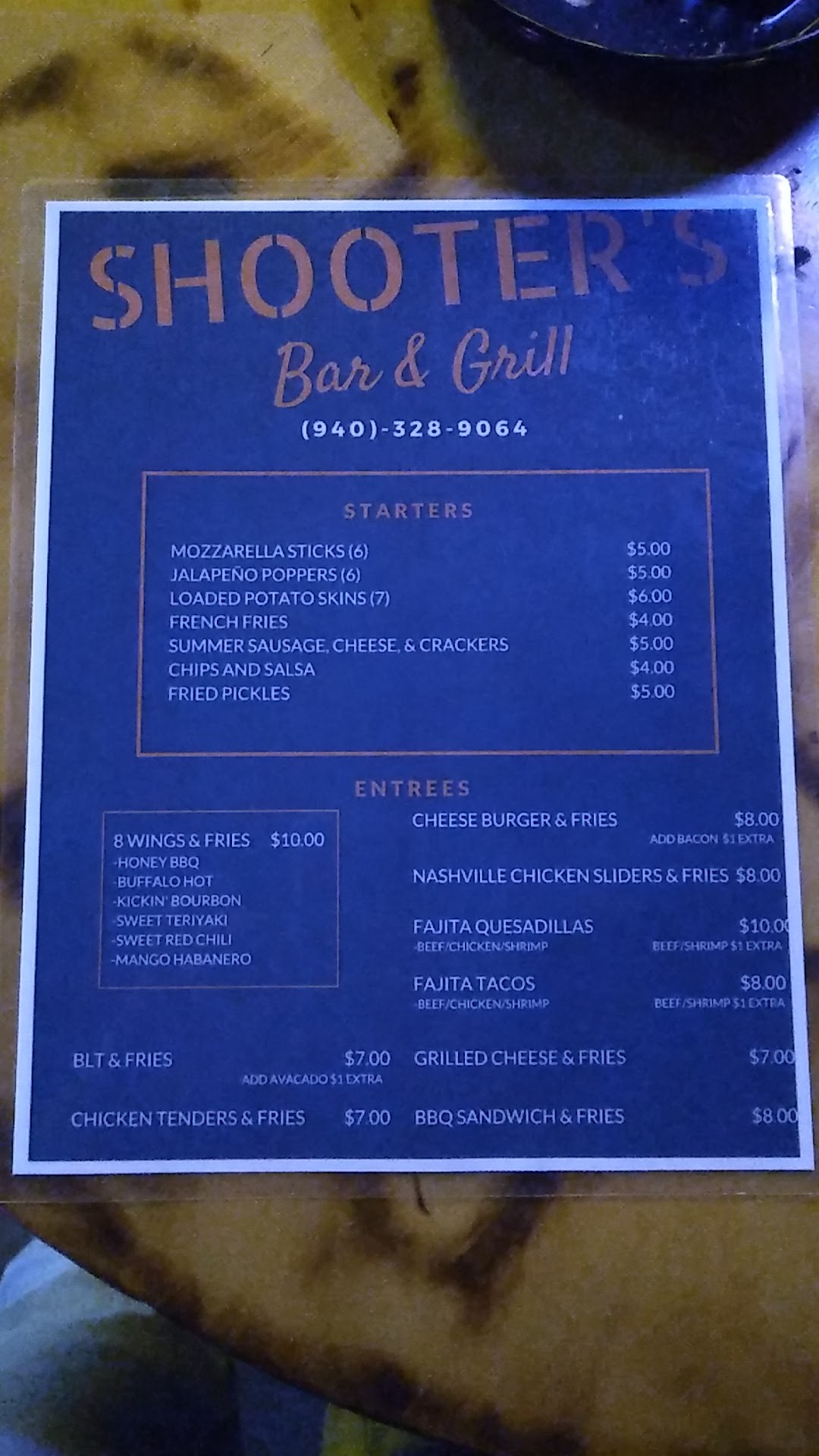 Shooter's Bar and Grill Menu