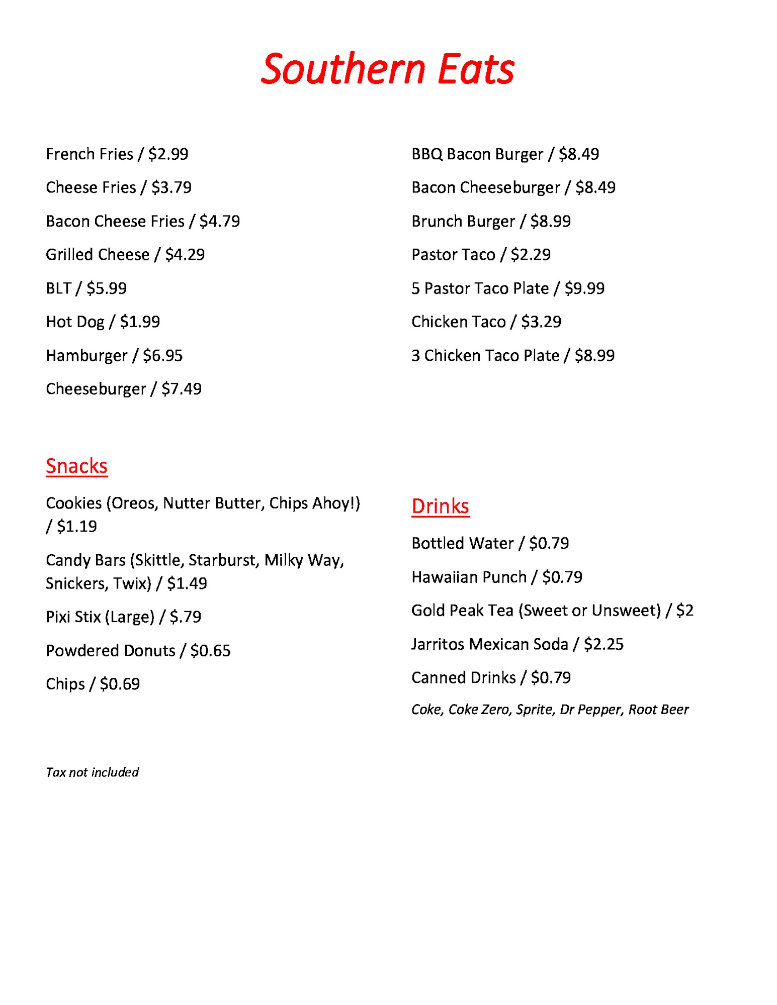 Southern Eats & Treats Menu