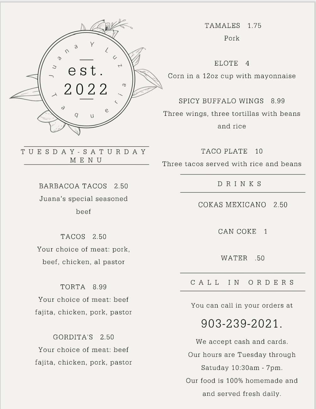 Juana Y Luz Taqueria Menu