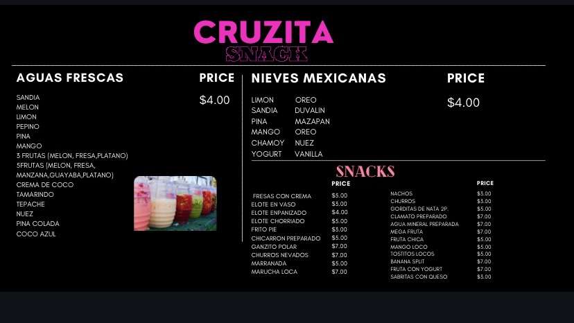 Cruzita snack Menu