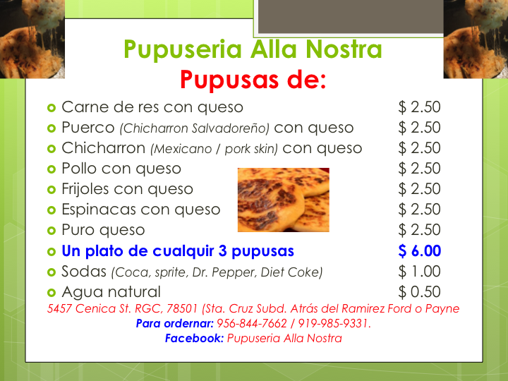 Pupuseria Alla Nostra Menu
