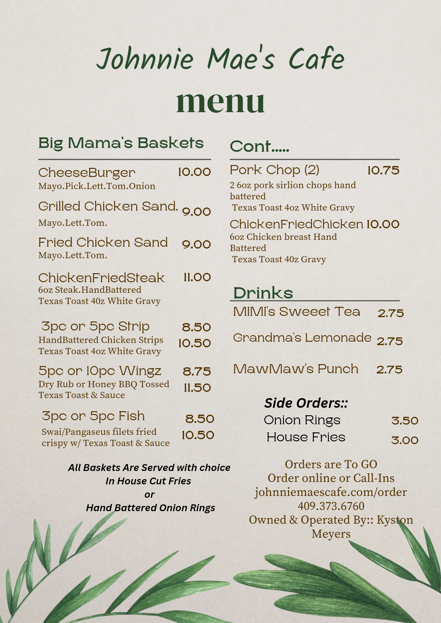 Johnnie Mae's Cafe Menu