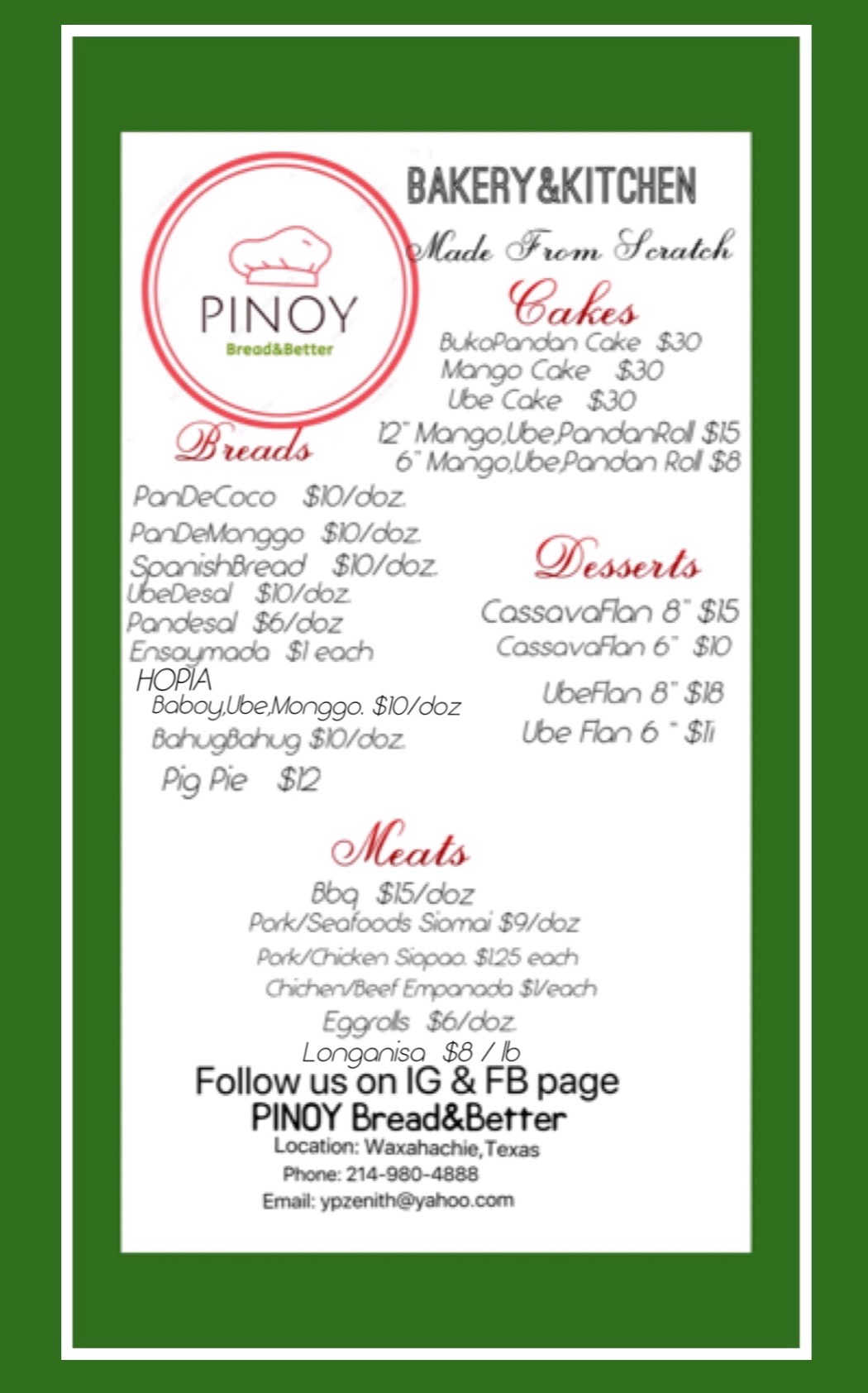 Pinoy Bread & Better Menu