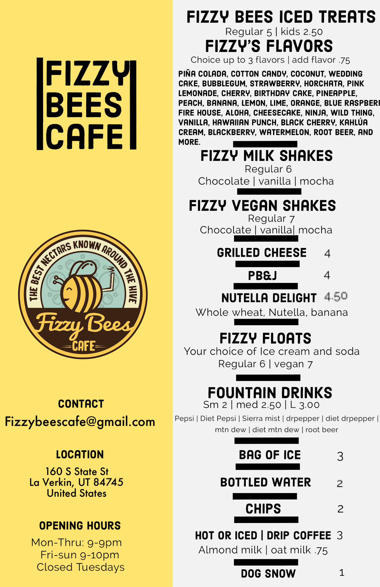 Fizzy Bees Cafe Menu