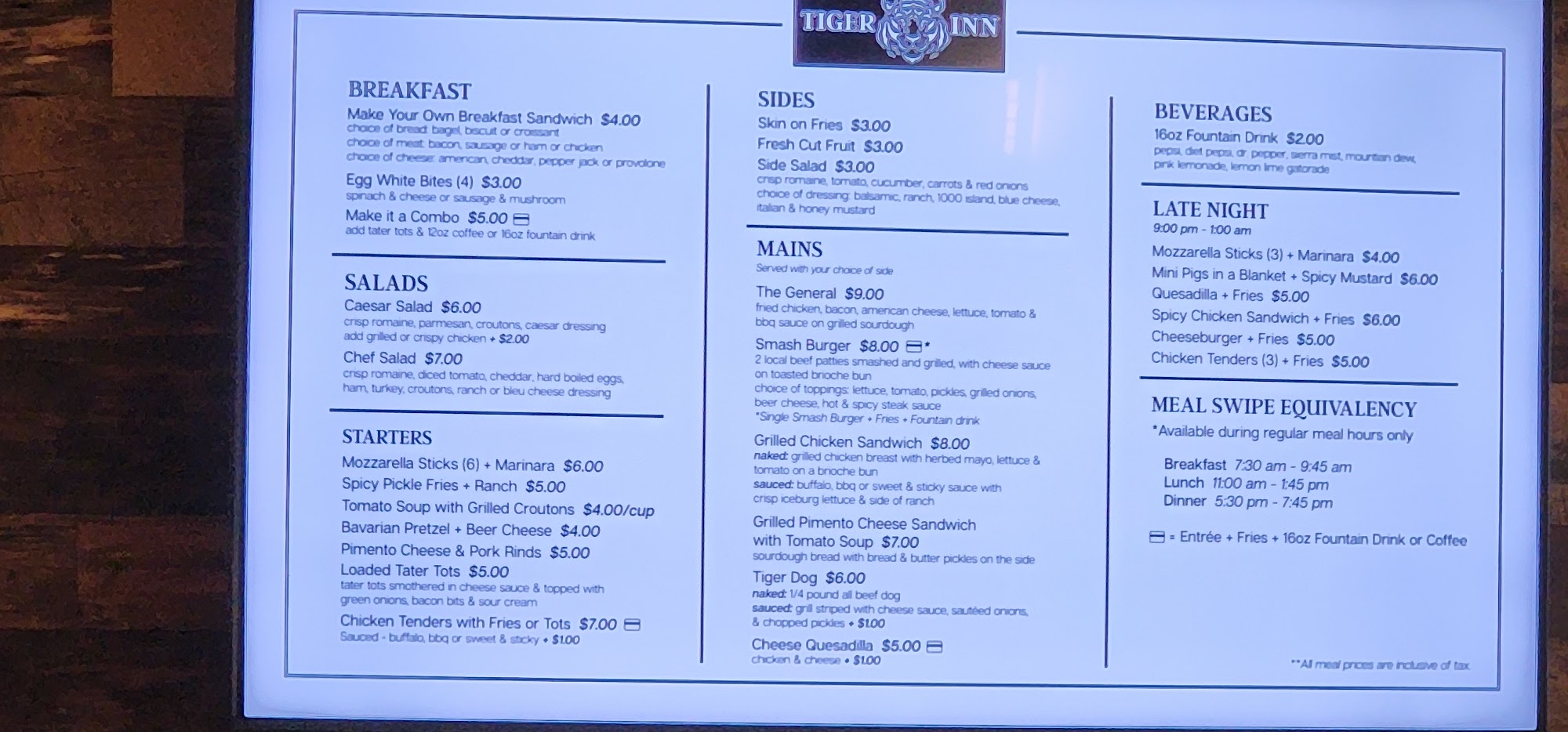 Tiger Inn Menu