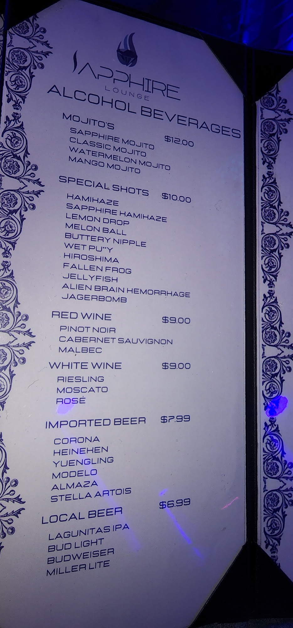 Sapphire Lounge Menu