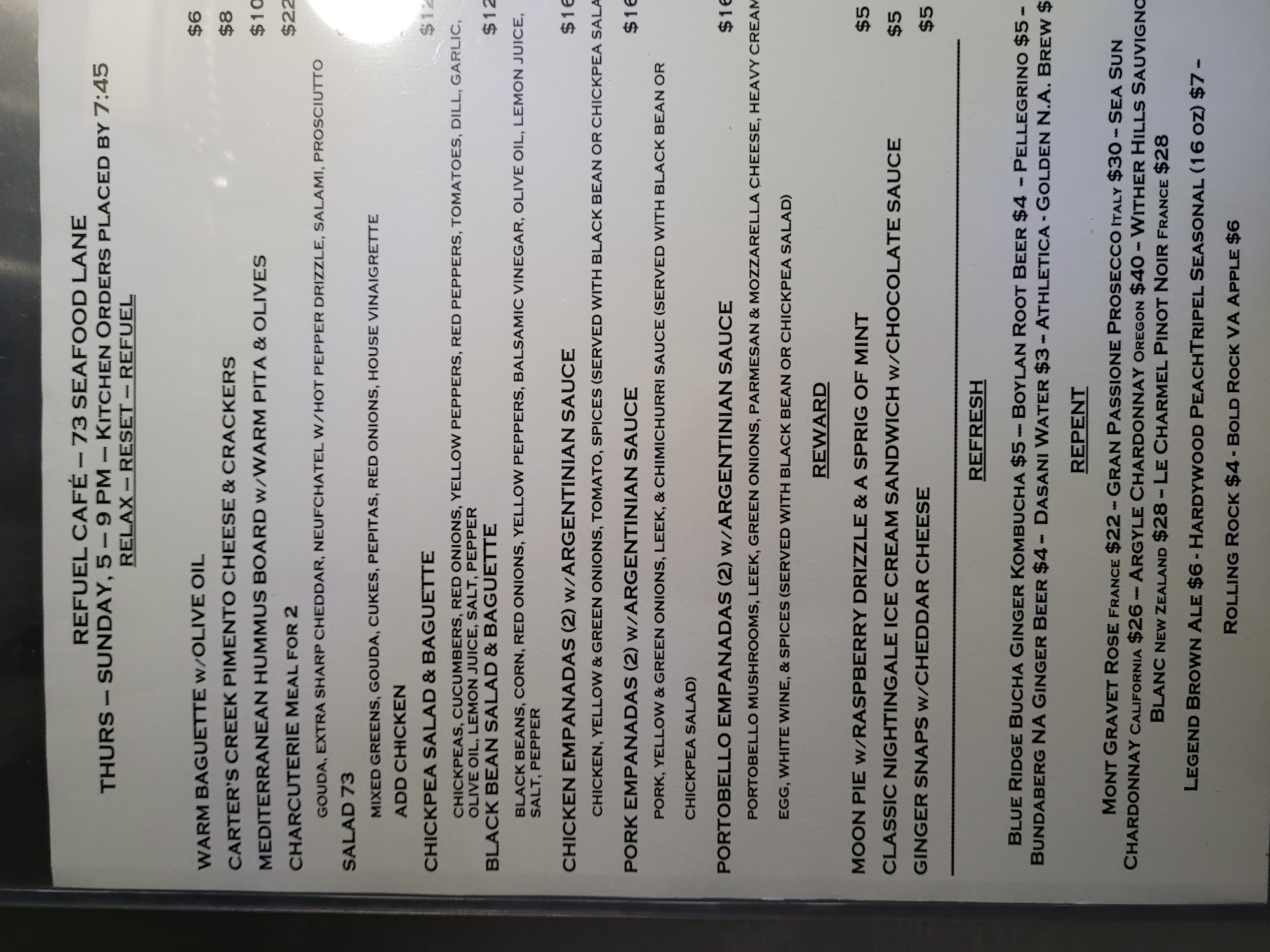 Refuel Hotel Menu