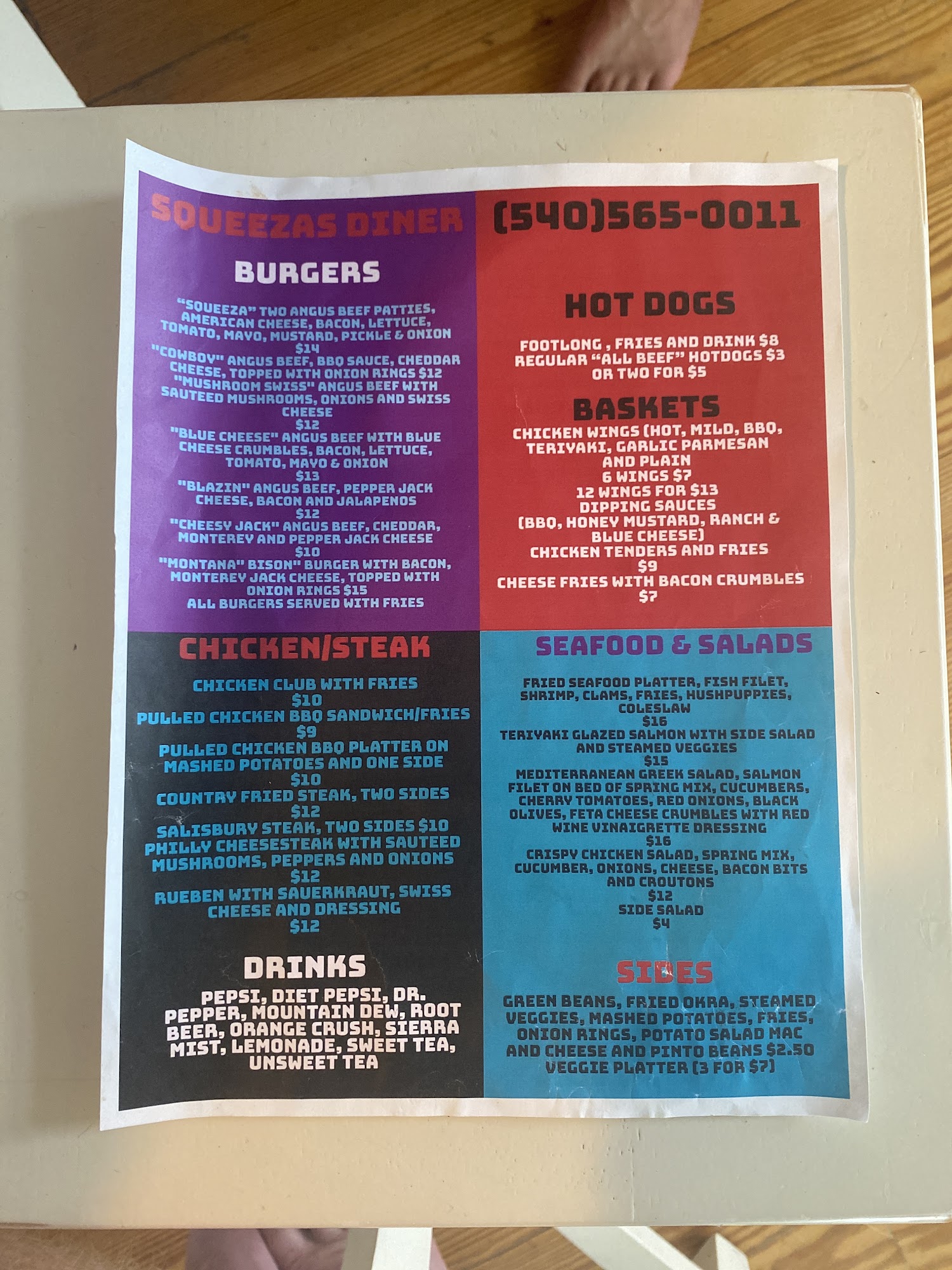 Squeeza’s Diner Menu