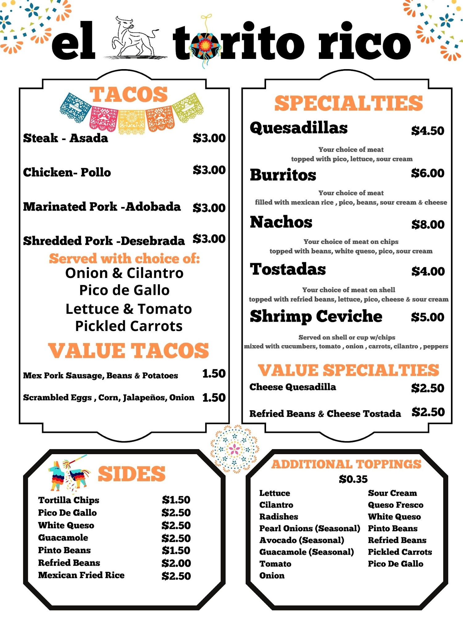 el torito rico Menu