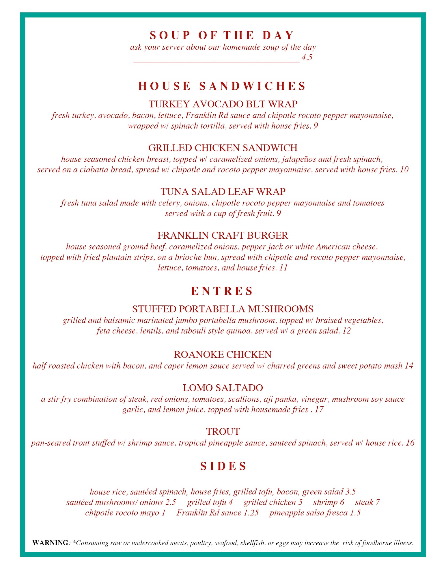 Franklin Rd Bar and Restaurant Menu