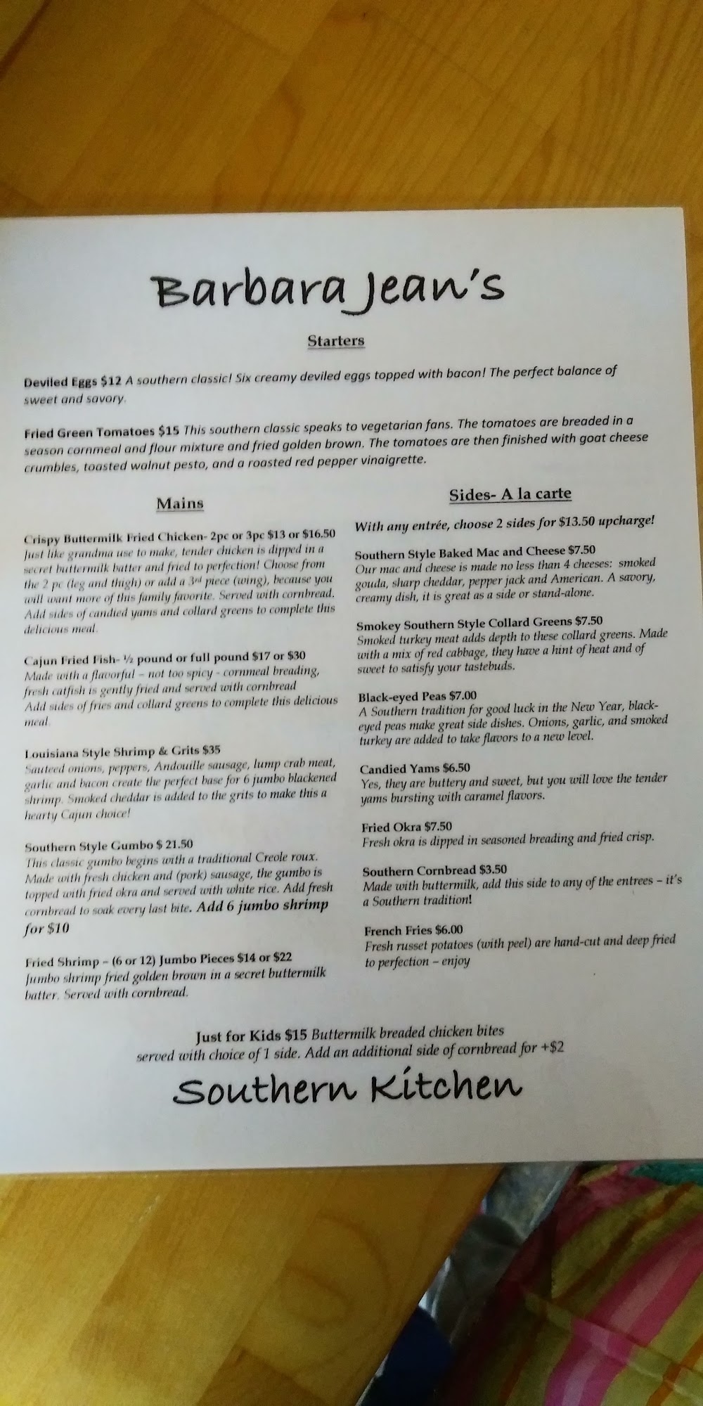 Barbara Jean’s Southern Kitchen by Proper Menu