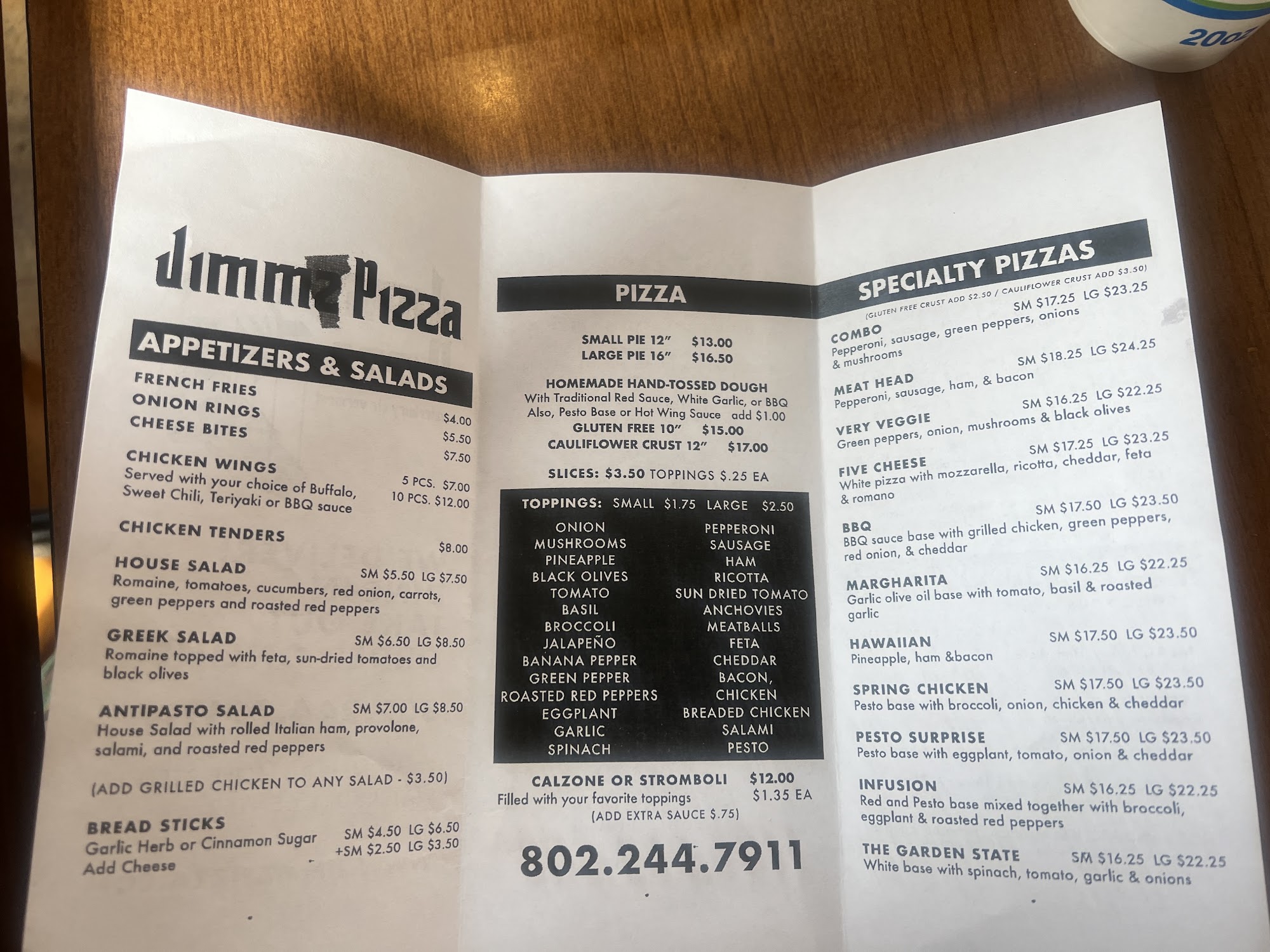 Jimmz Pizza Menu