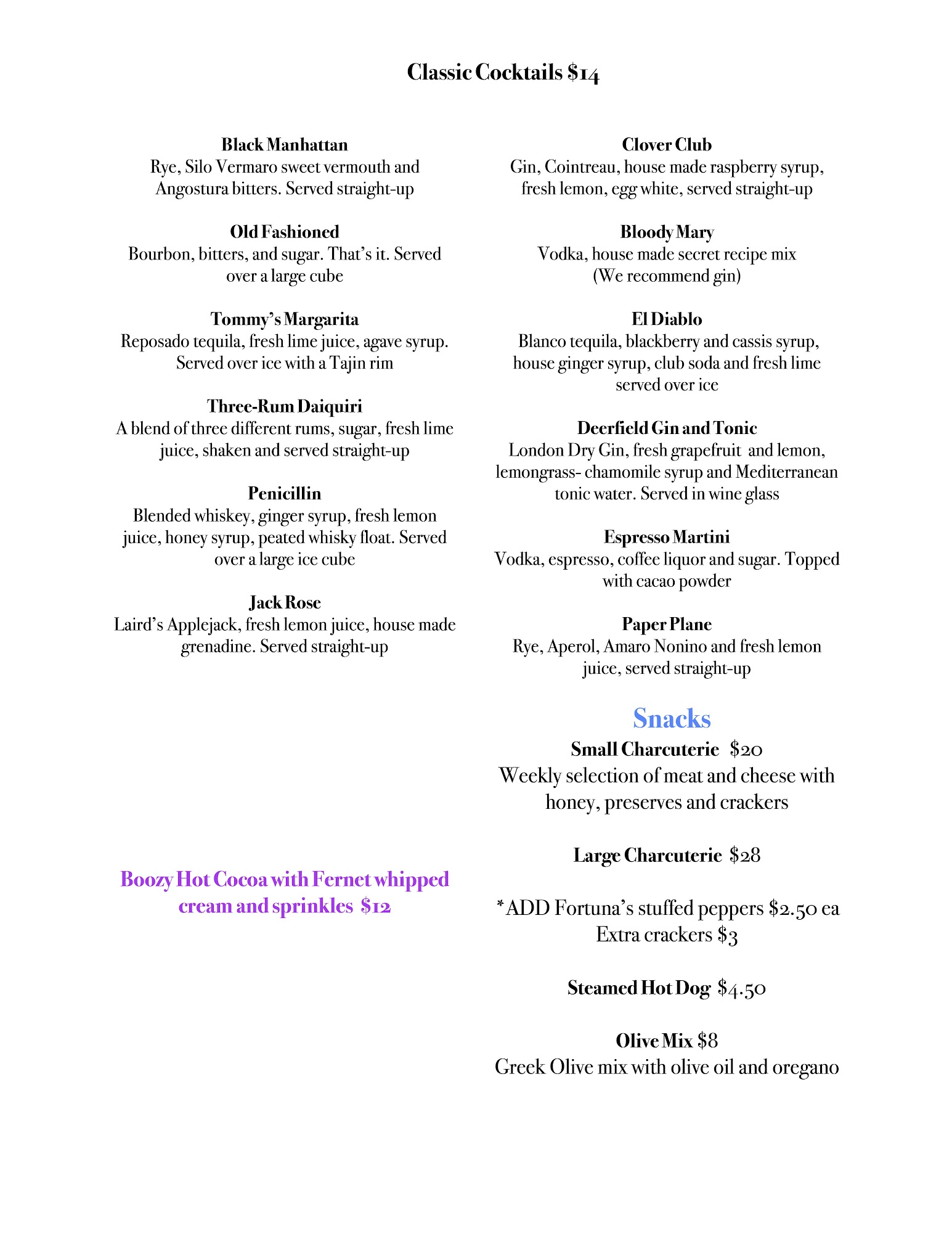 Deerfield Bar And Bottle Menu