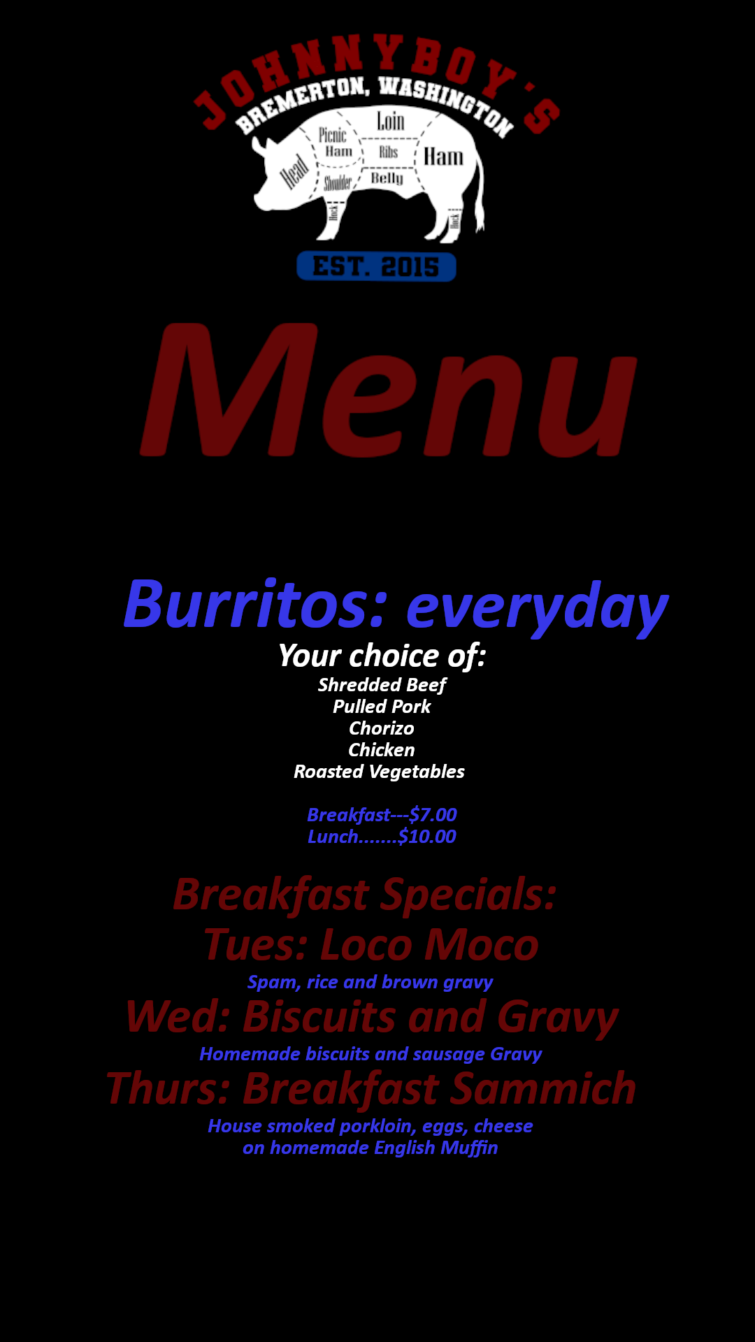 Johnnyboy's -Burritos Menu