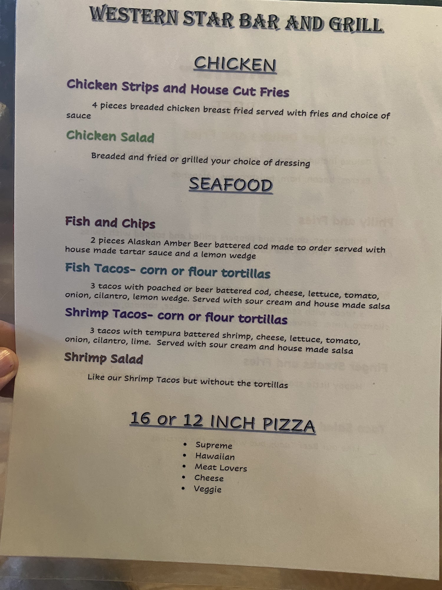 Western Star Bar & Grill Menu