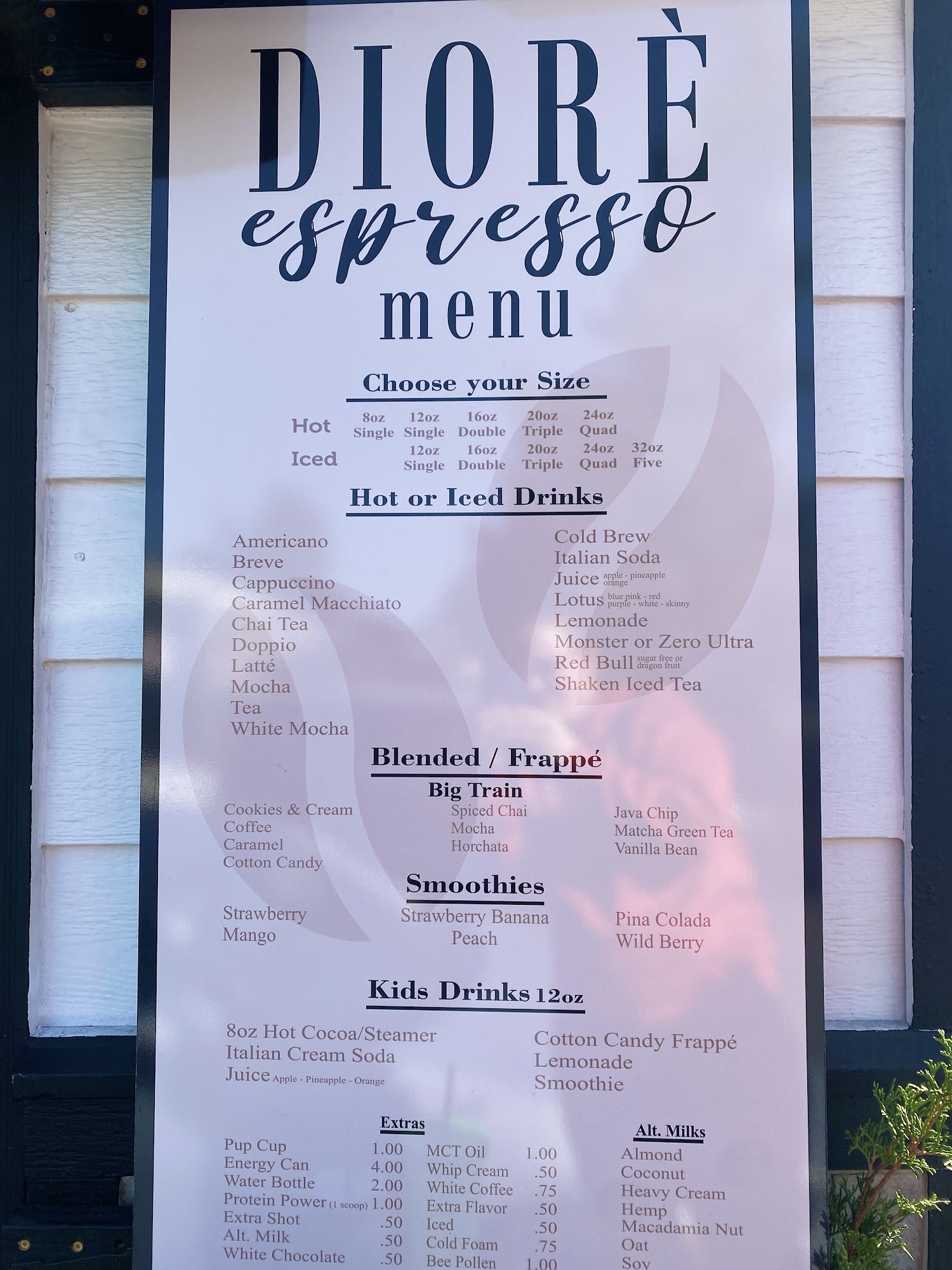 Diorè Espresso Menu