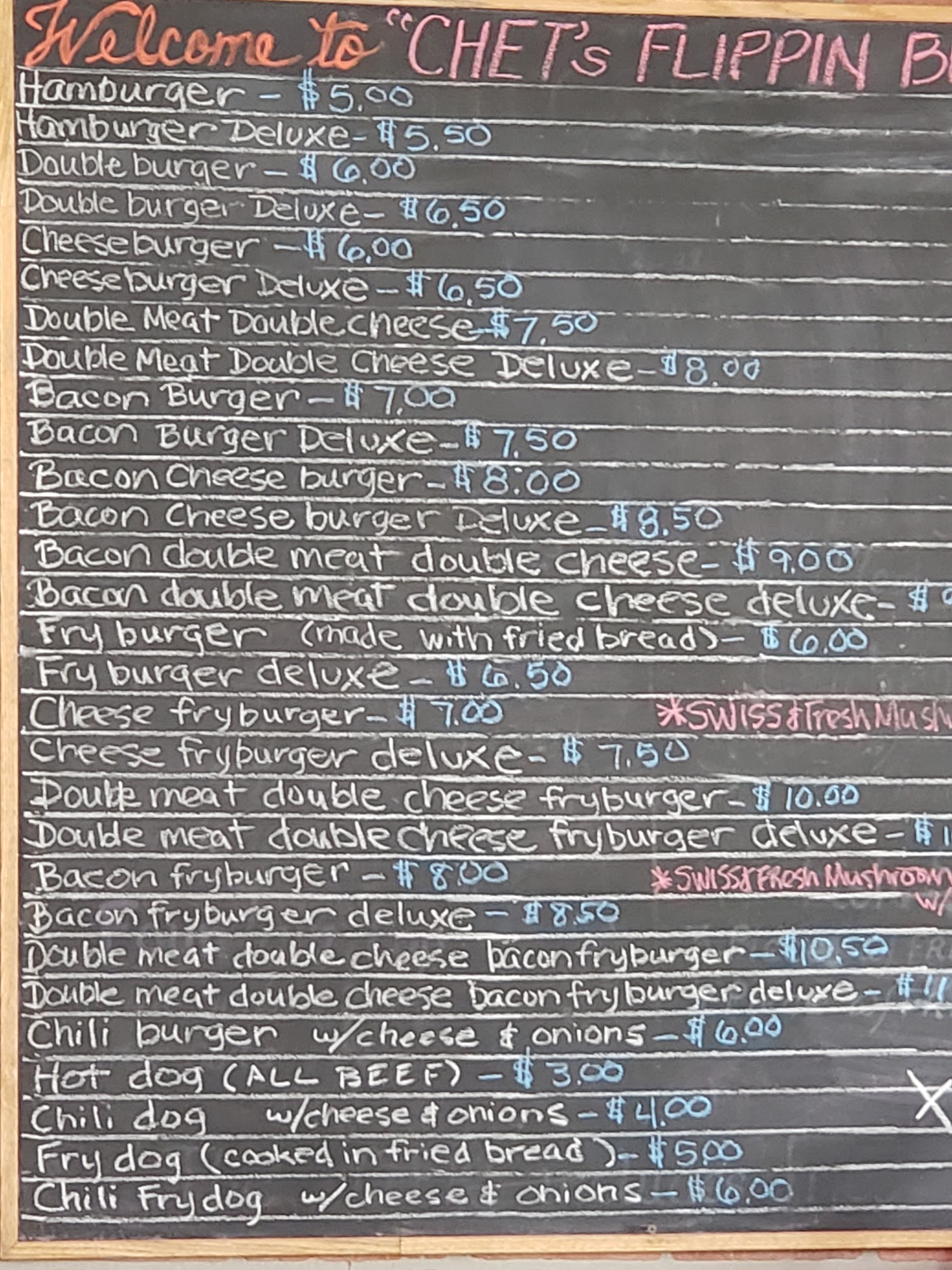 Chet's Flippin Burgers Menu