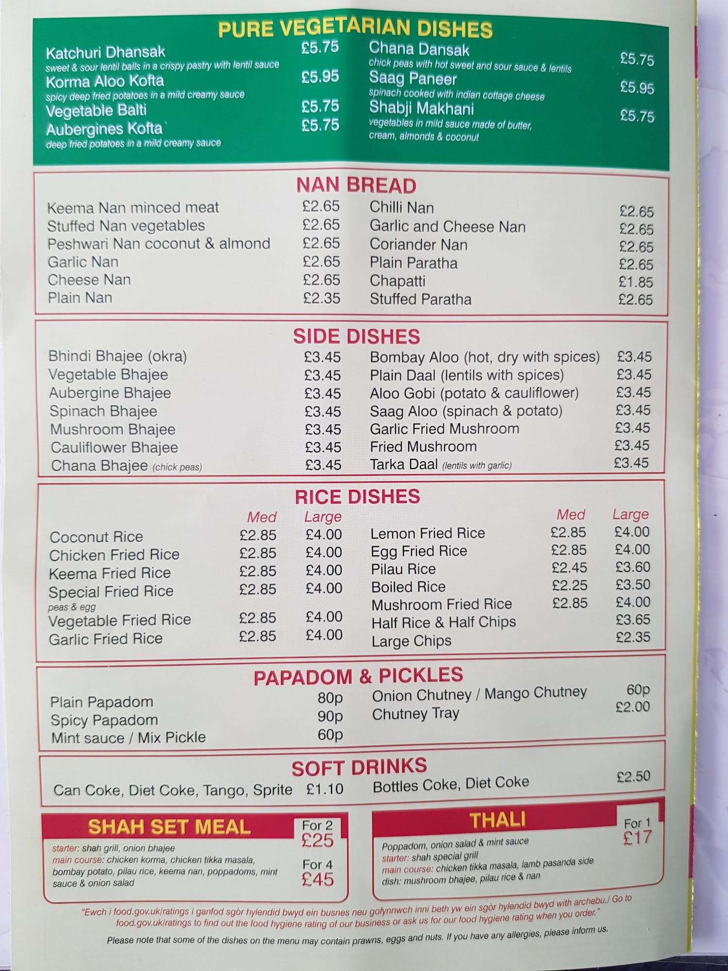 Shah Indian takeaway Menu
