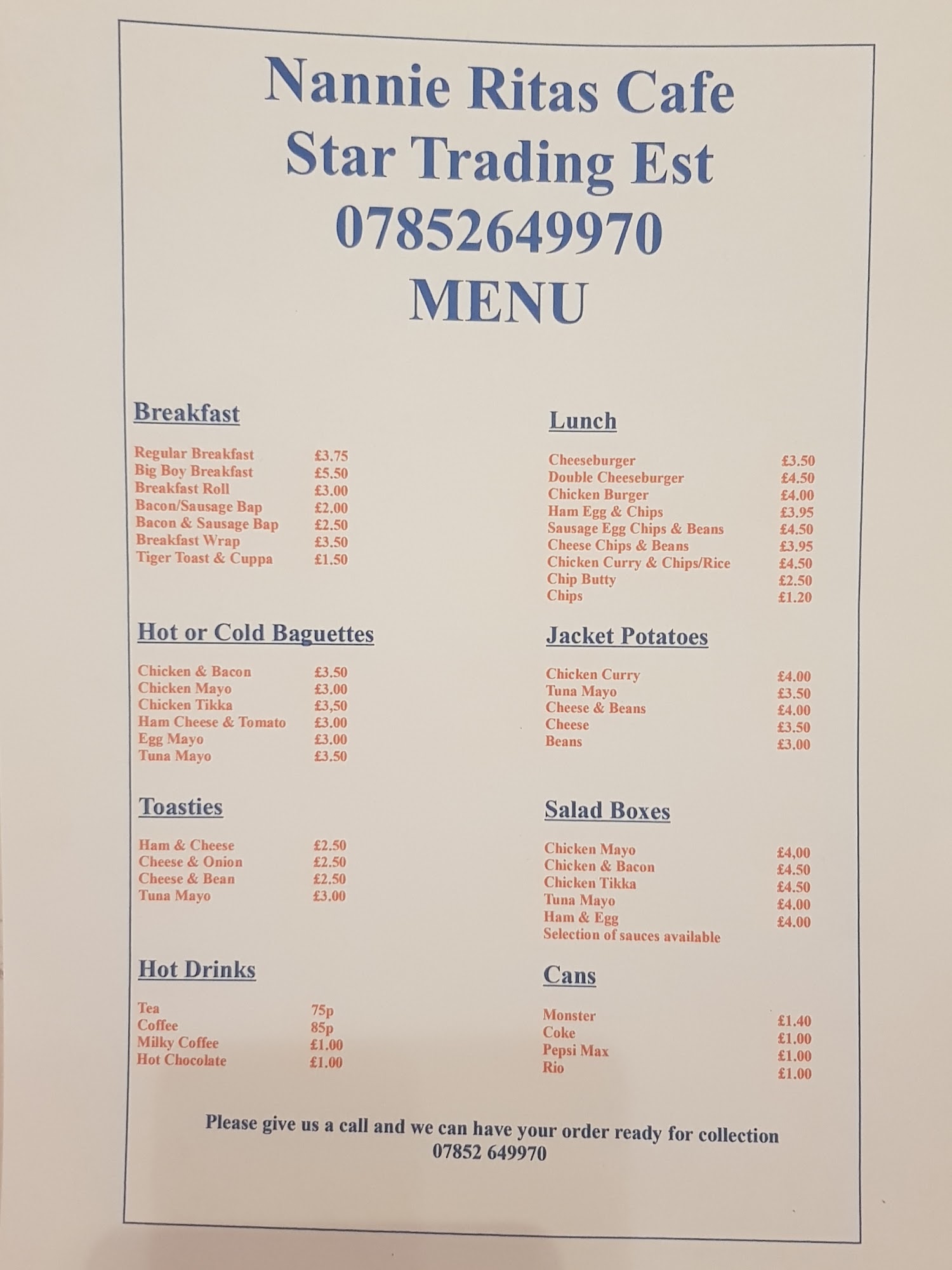 Nannie Ritas Cafe Menu
