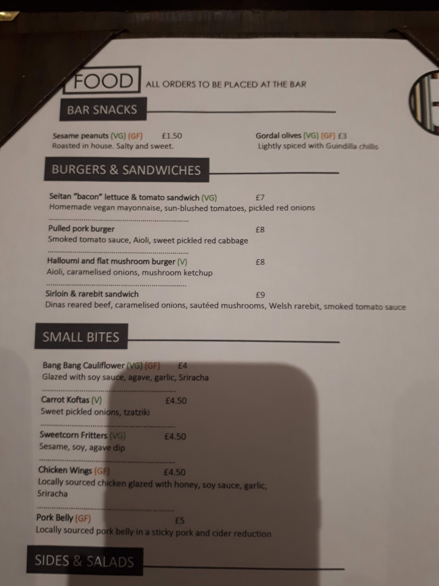 Barfive Menu