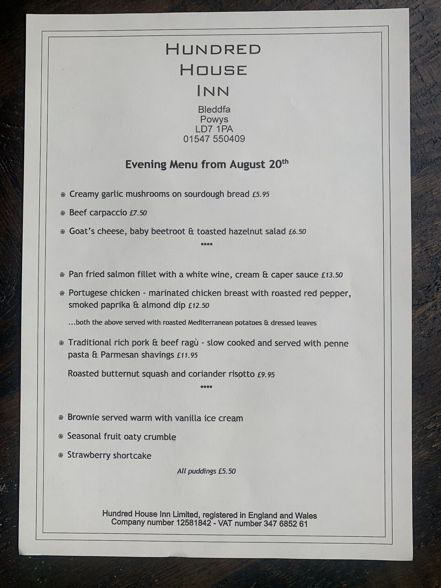 Hundred House Inn Bleddfa Menu