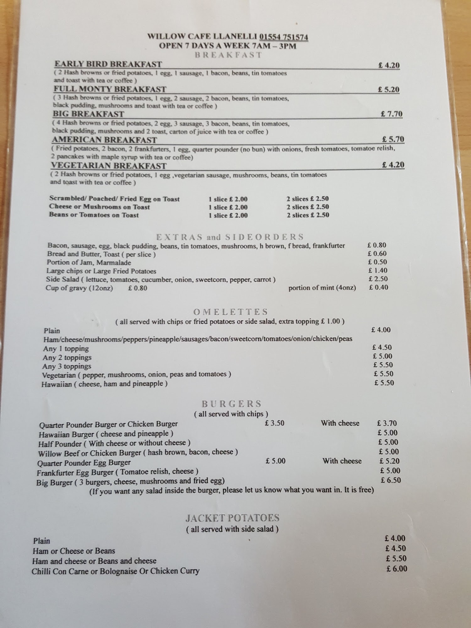 Willow Cafe Menu