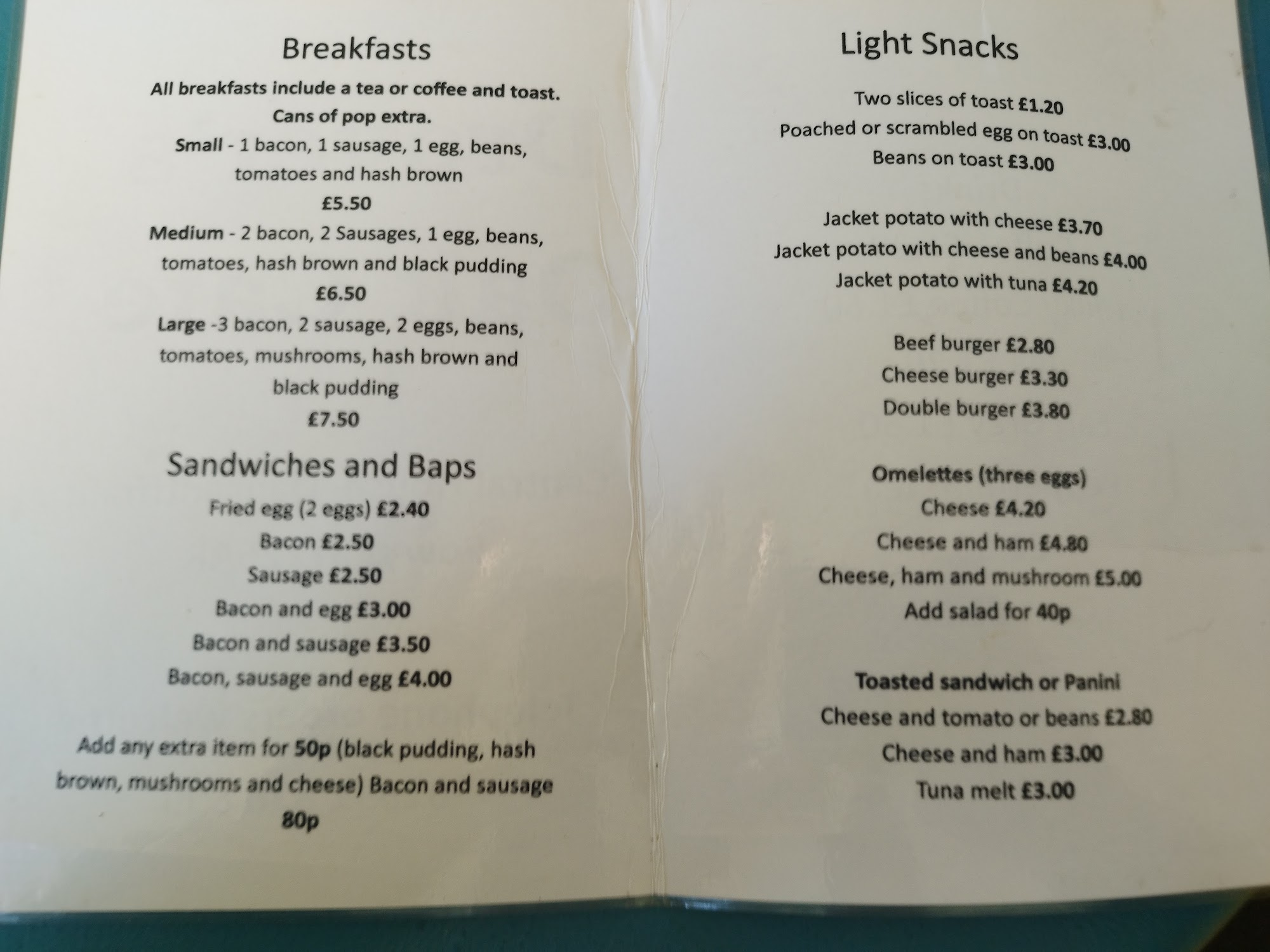 Drovers Oak Cafe Menu