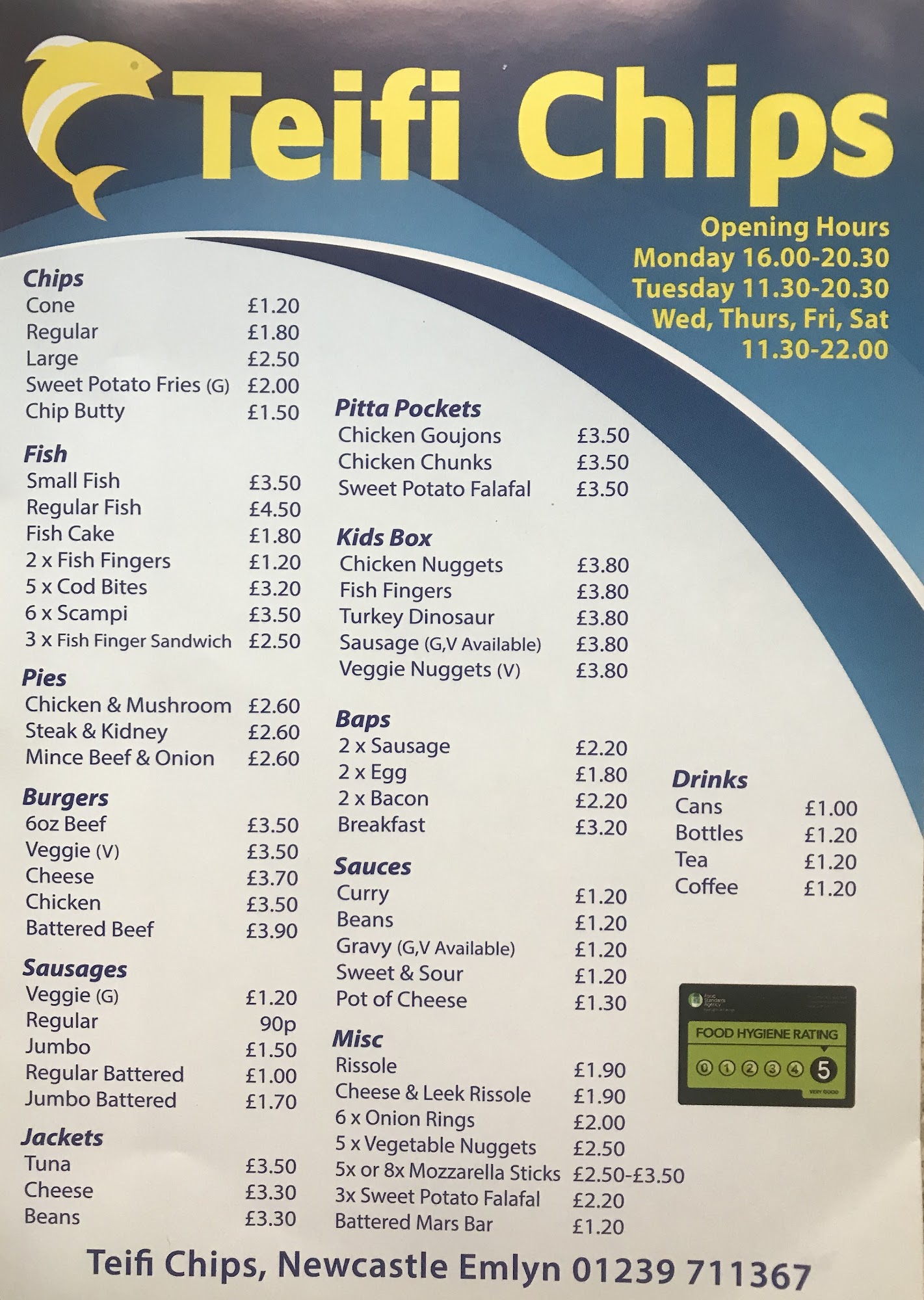 Teifi chips@caffi emlyn Menu