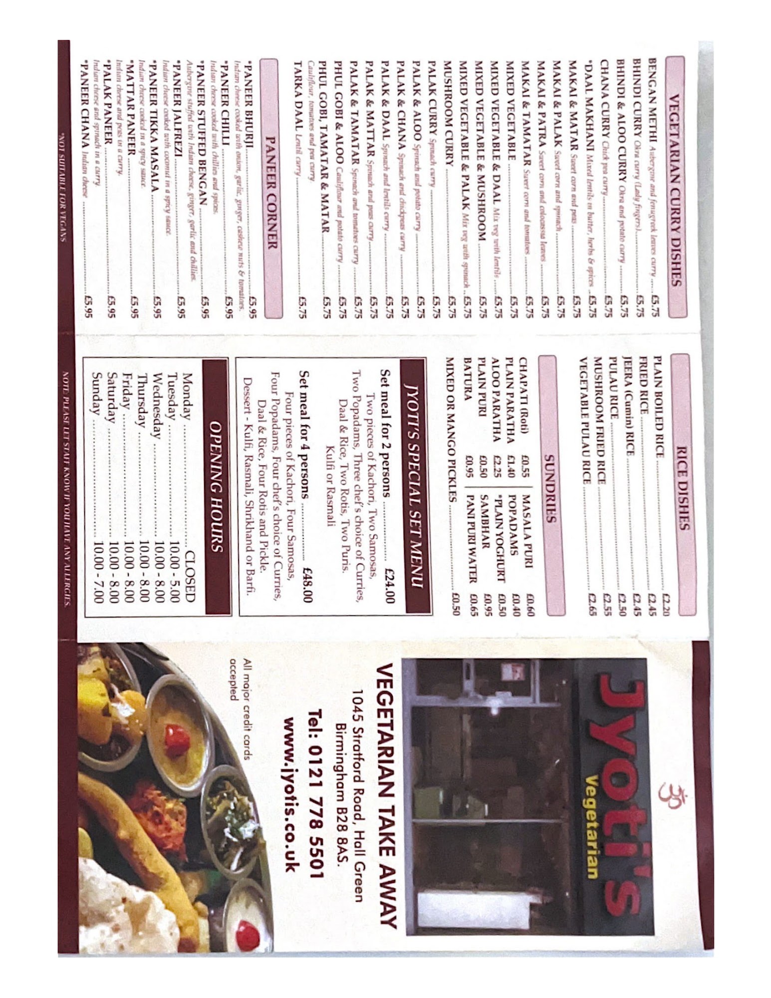 Jyoti's Vegetarian Menu