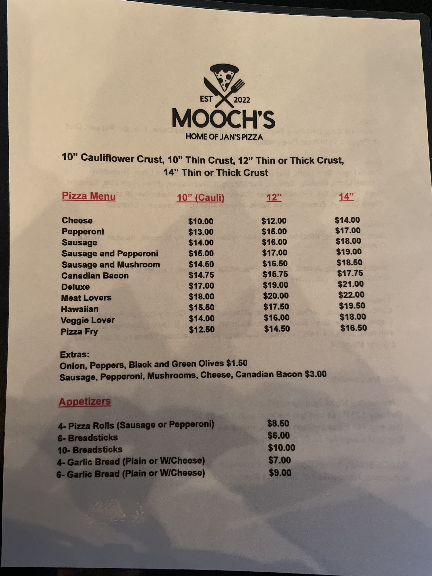 Mooch's Pizzeria Home of Jan’s Pizza, Alma Center Menu, Reviews (27