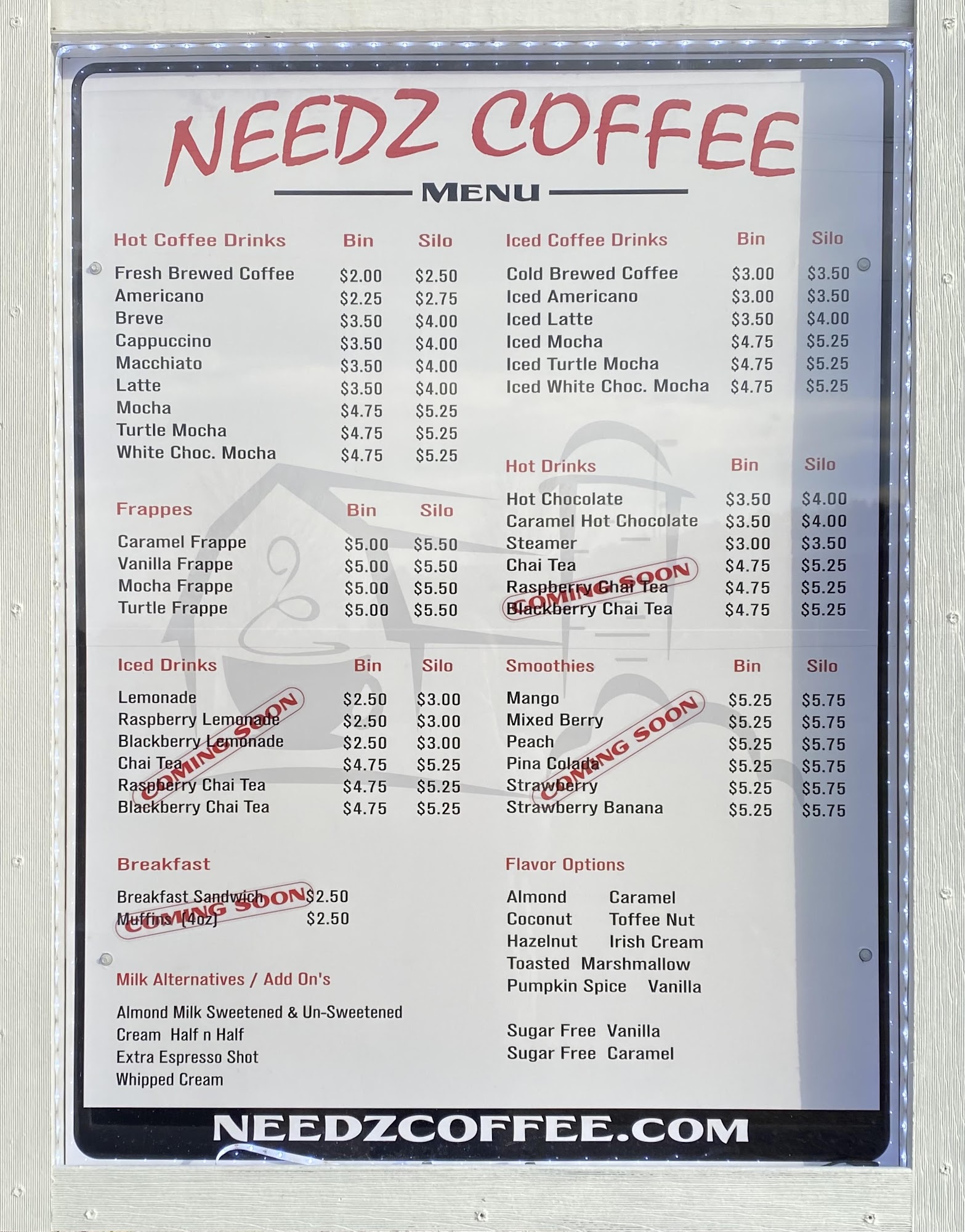 Needz Coffee Menu
