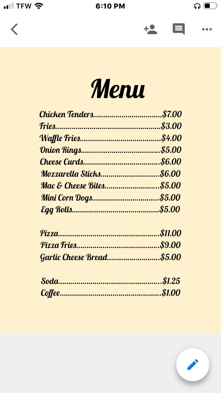 The Crow's Nest Menu