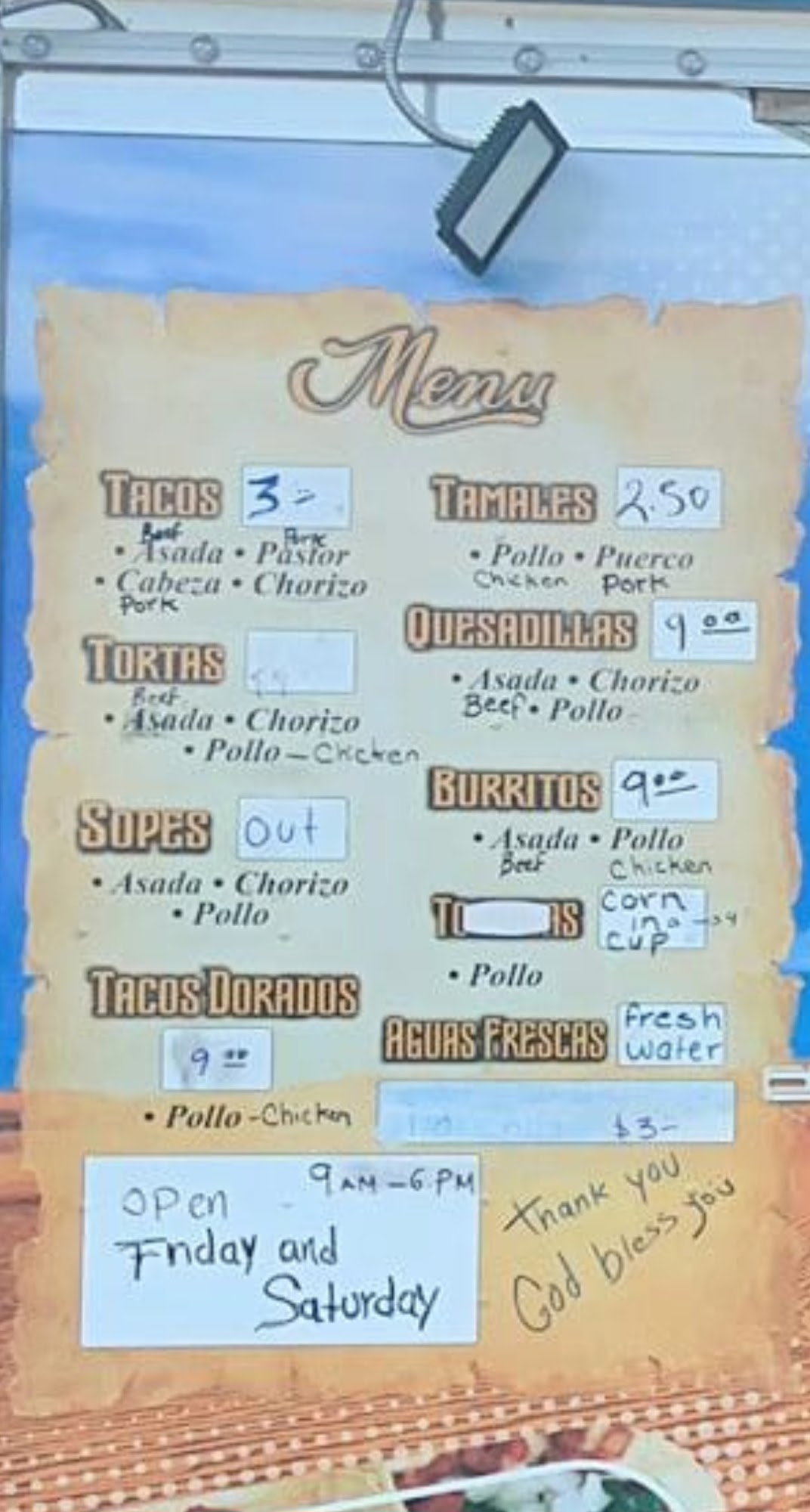 Tacos El Mana Menu
