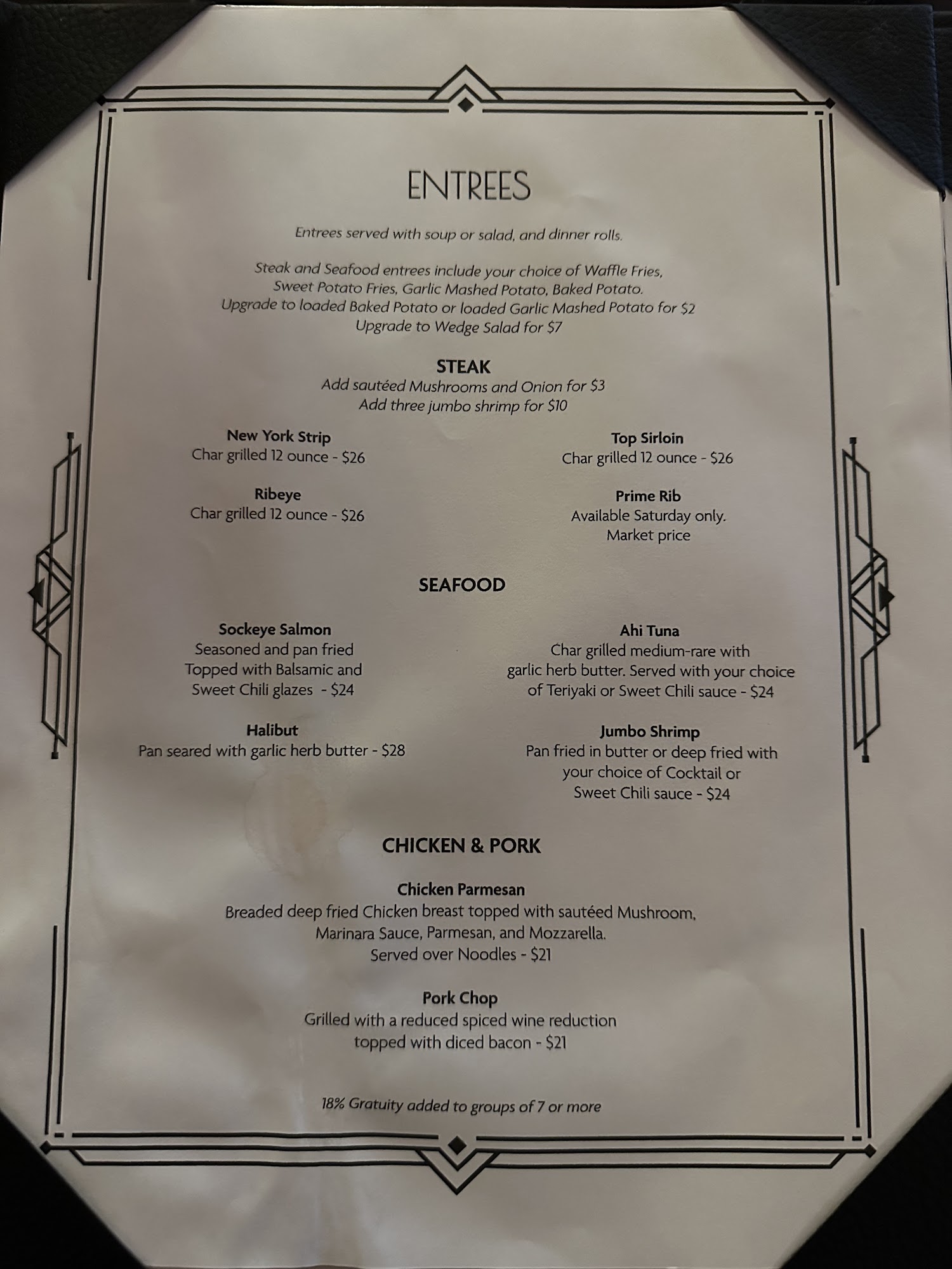 Roarin 20s Dining and Social Club Menu