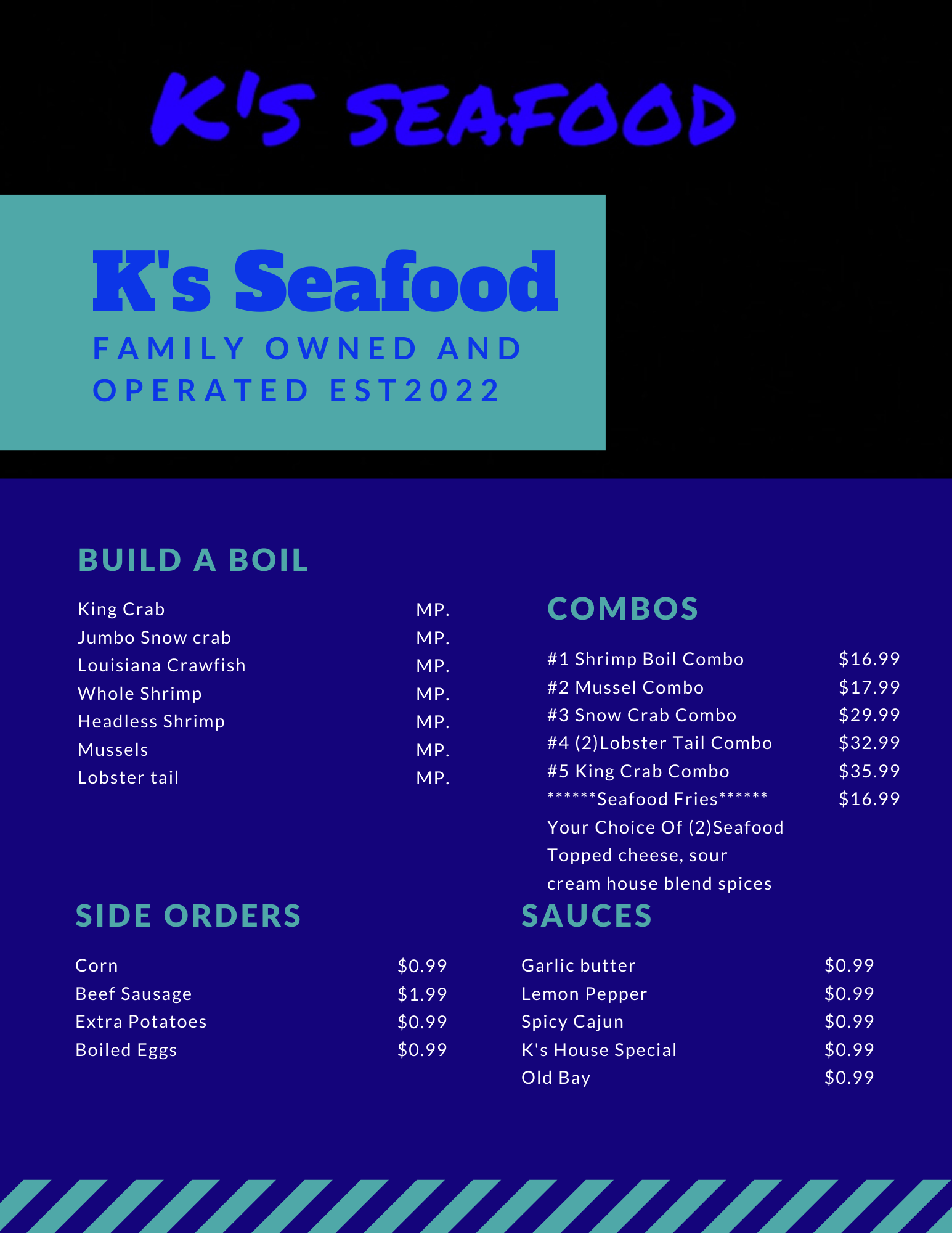 K's Seafood restaurant Menu