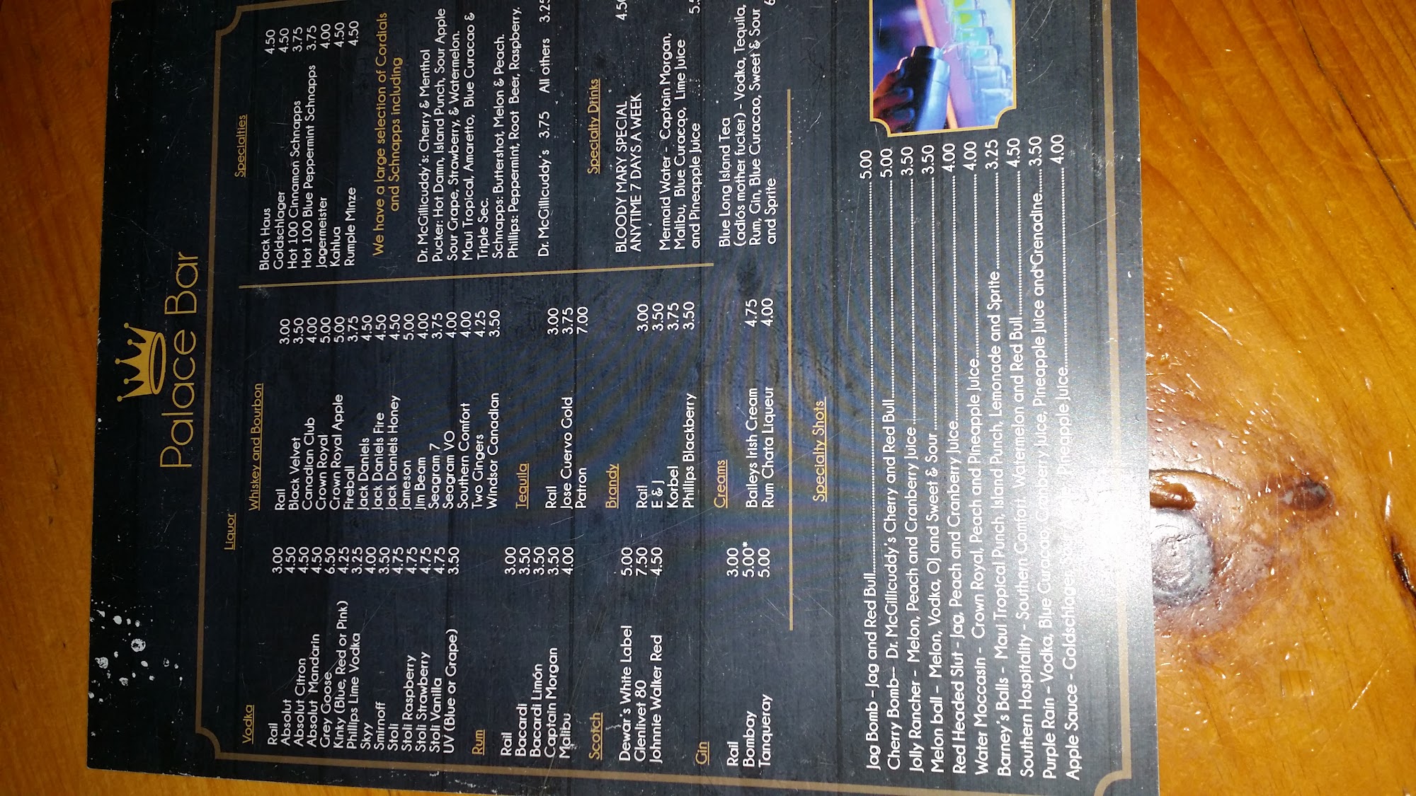 Palace Bar Menu