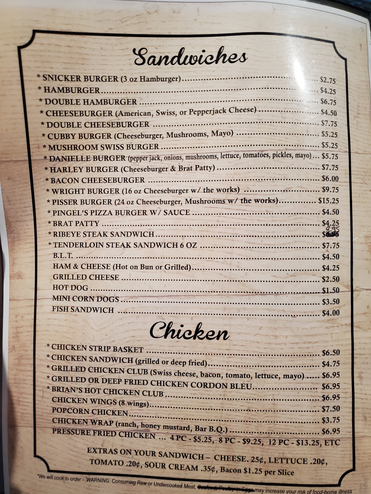 Wright Place Bar & Grill Menu