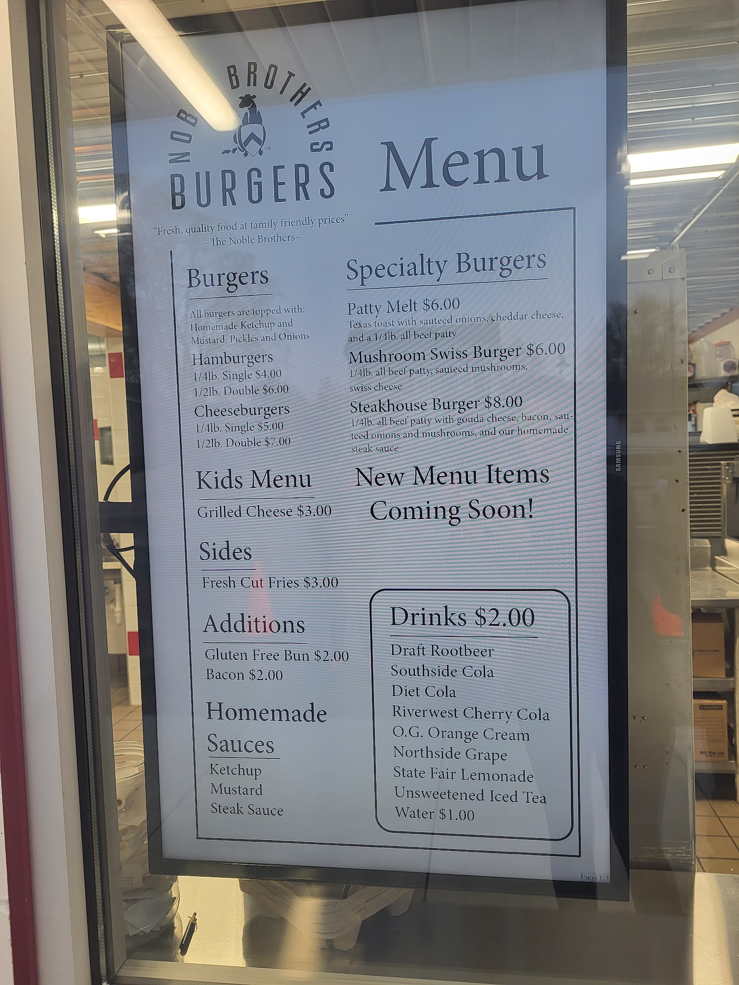 Noble Brothers Burger Shop Menu