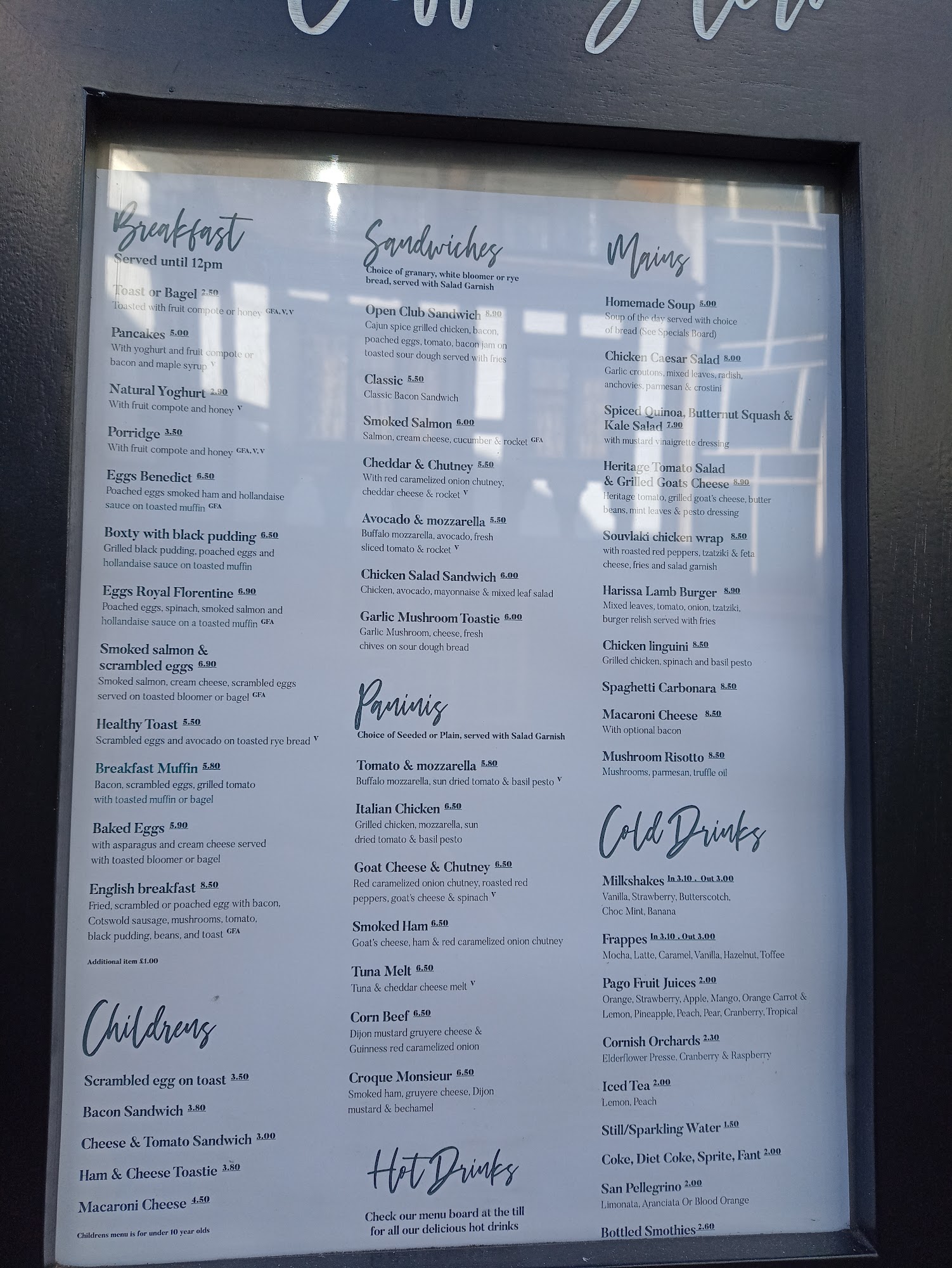 Caffe Bolero Menu